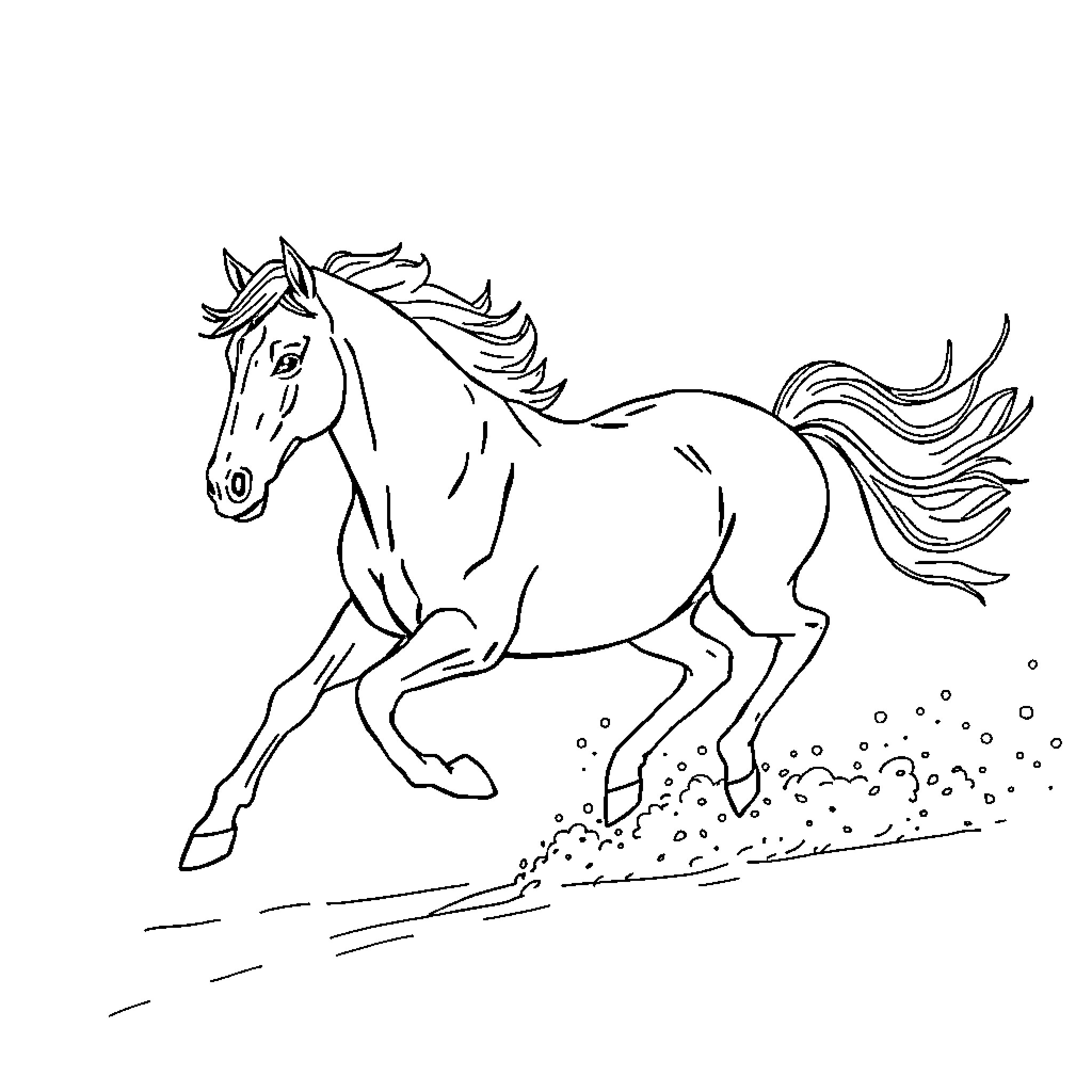 Horse galloping through the field Coloring Page (free black-and-white line drawing printable PDF for all, from beginners to advanced learners, including children, teens, adults, and seniors)