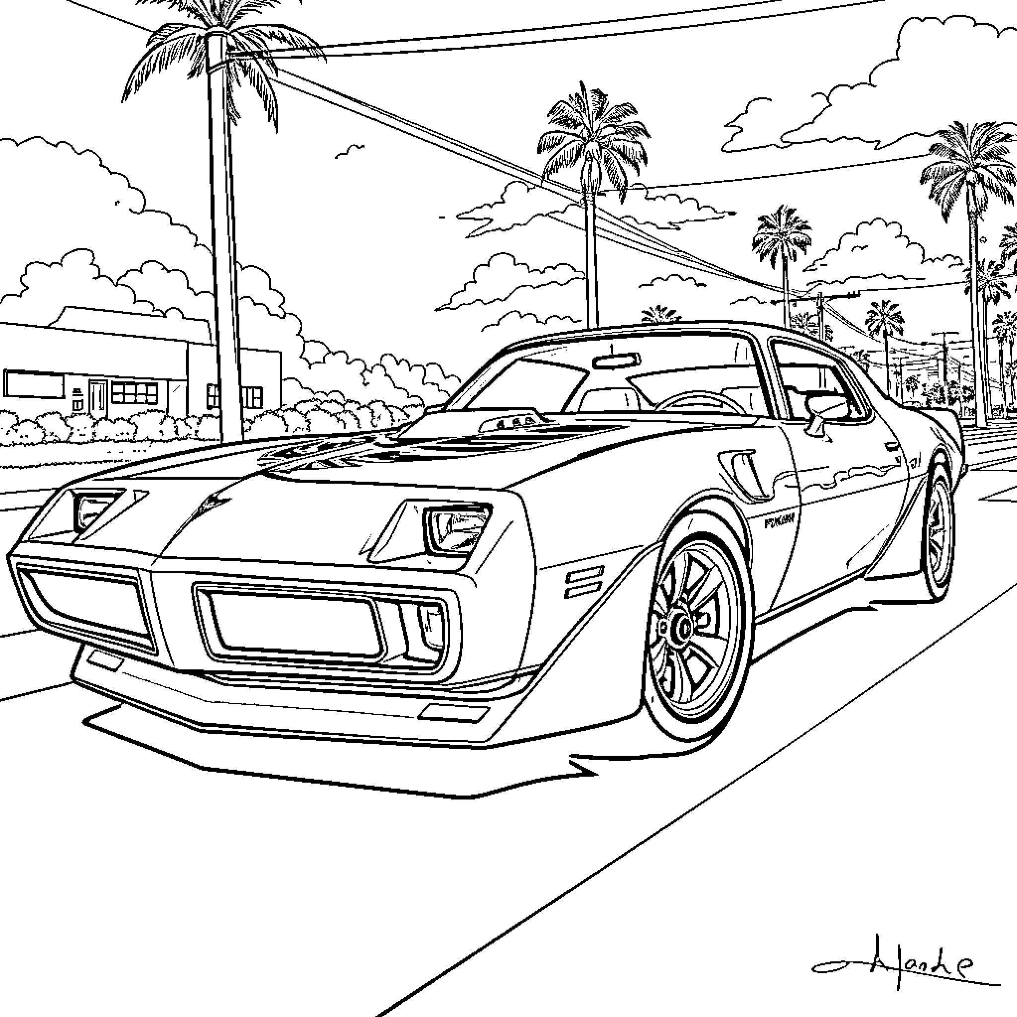 Pontiac Trans Am driving through a tropical landscape Coloring Page (free black-and-white line drawing printable PDF for all, from beginners to advanced learners, including children, teens, adults, and seniors)