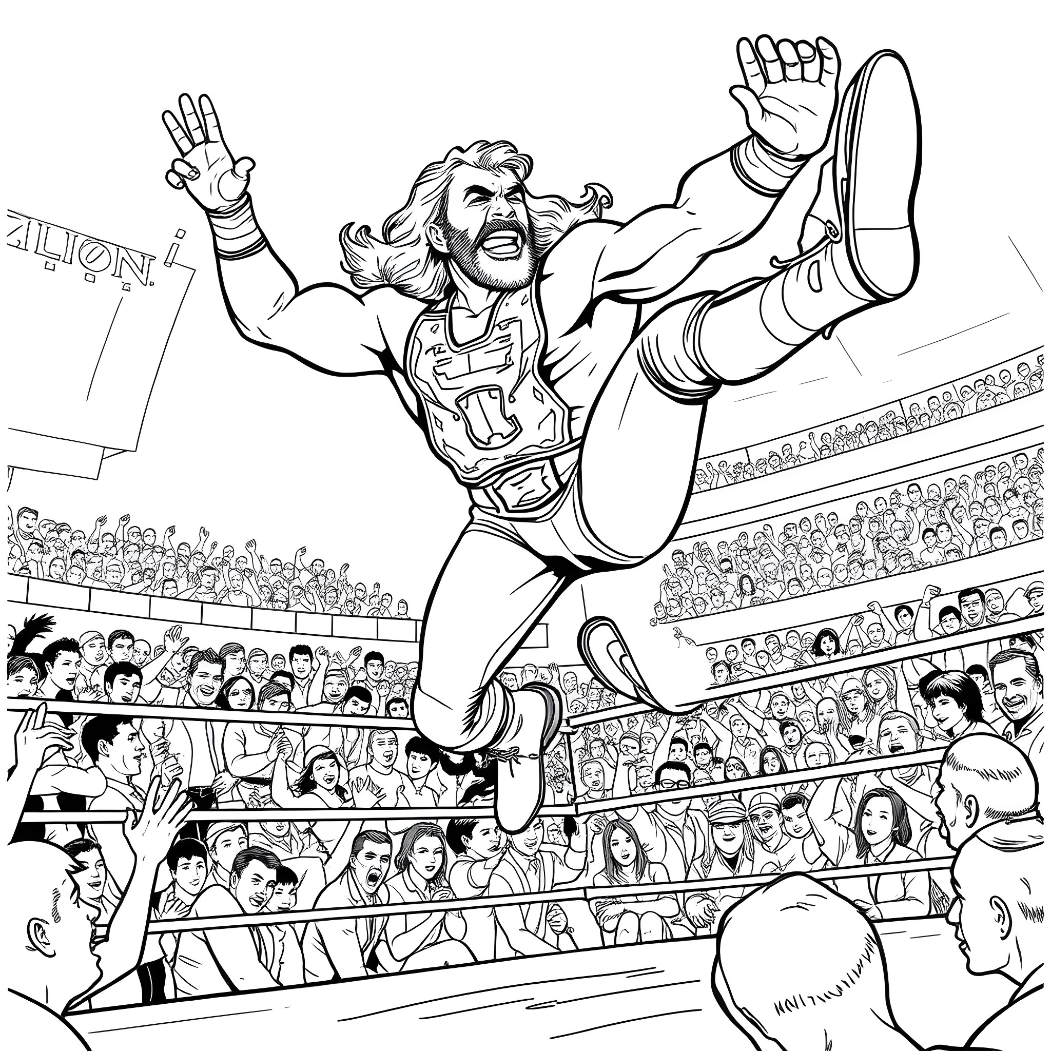 Randy Savage Performing Iconic Wrestling Moves on Stage Coloring Page (free black-and-white line drawing printable PDF for all, from beginners to advanced learners, including children, teens, adults, and seniors)