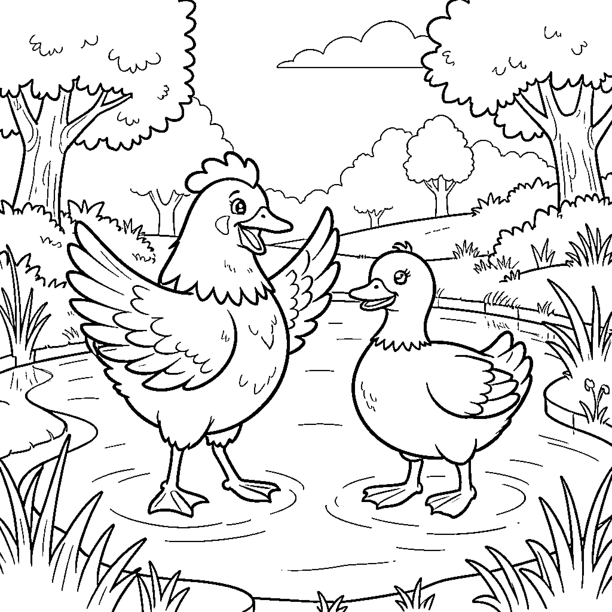 Chicken and duckling interacting playfully in a pond Coloring Page (free black-and-white line drawing printable PDF for all, from beginners to advanced learners, including children, teens, adults, and seniors)