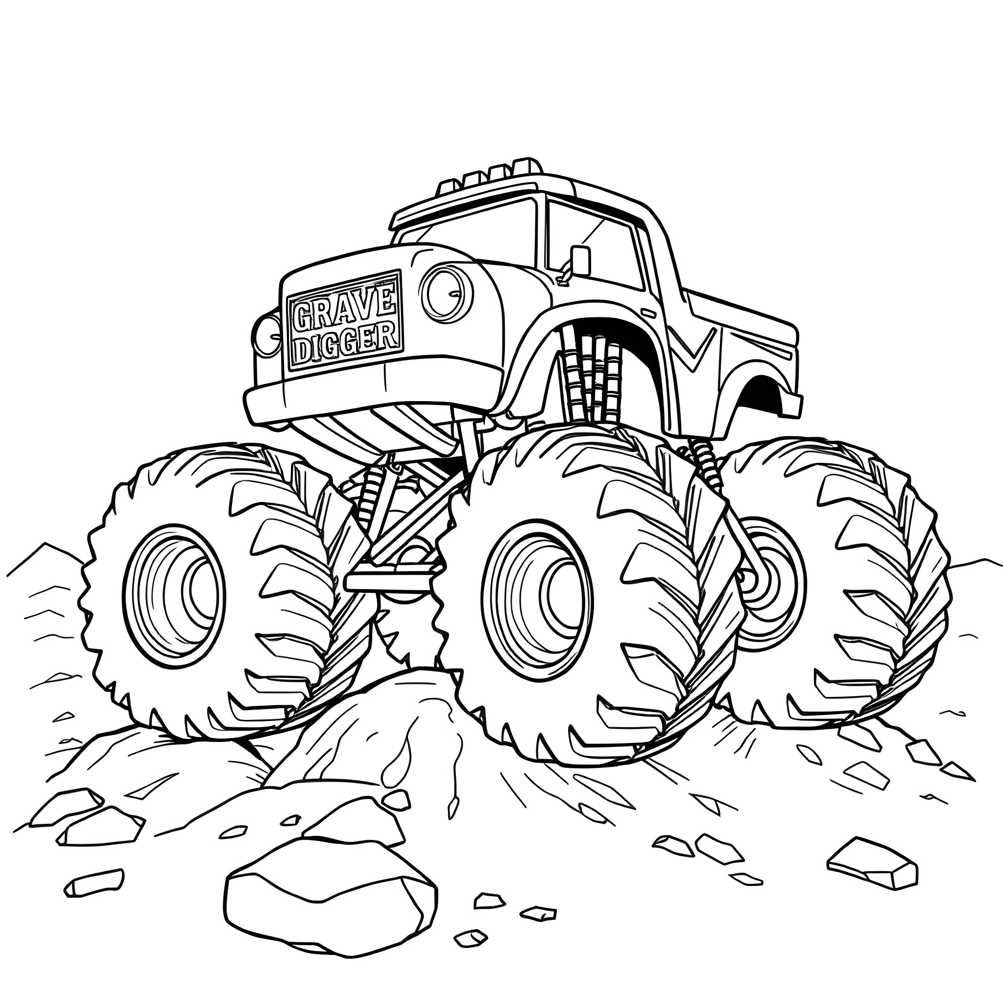 Monster Truck Crushing Rocks in the Dirt Coloring Page (free black-and-white line drawing printable PDF for all, from beginners to advanced learners, including children, teens, adults, and seniors)