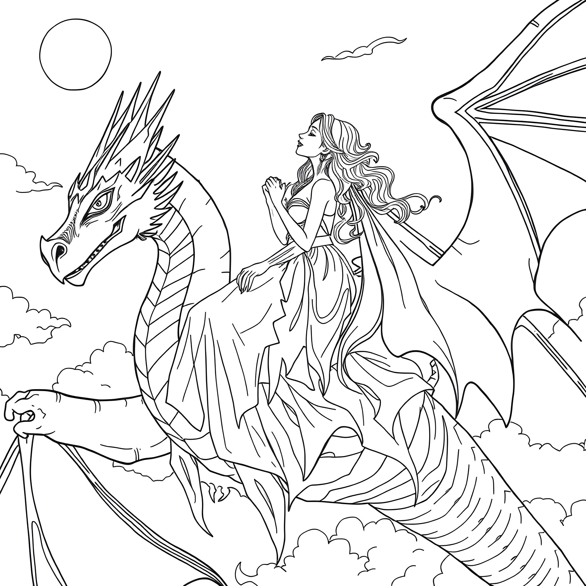 Vampire Princess riding a majestic dragon Coloring Page (free black-and-white line drawing printable PDF for all, from beginners to advanced learners, including children, teens, adults, and seniors)