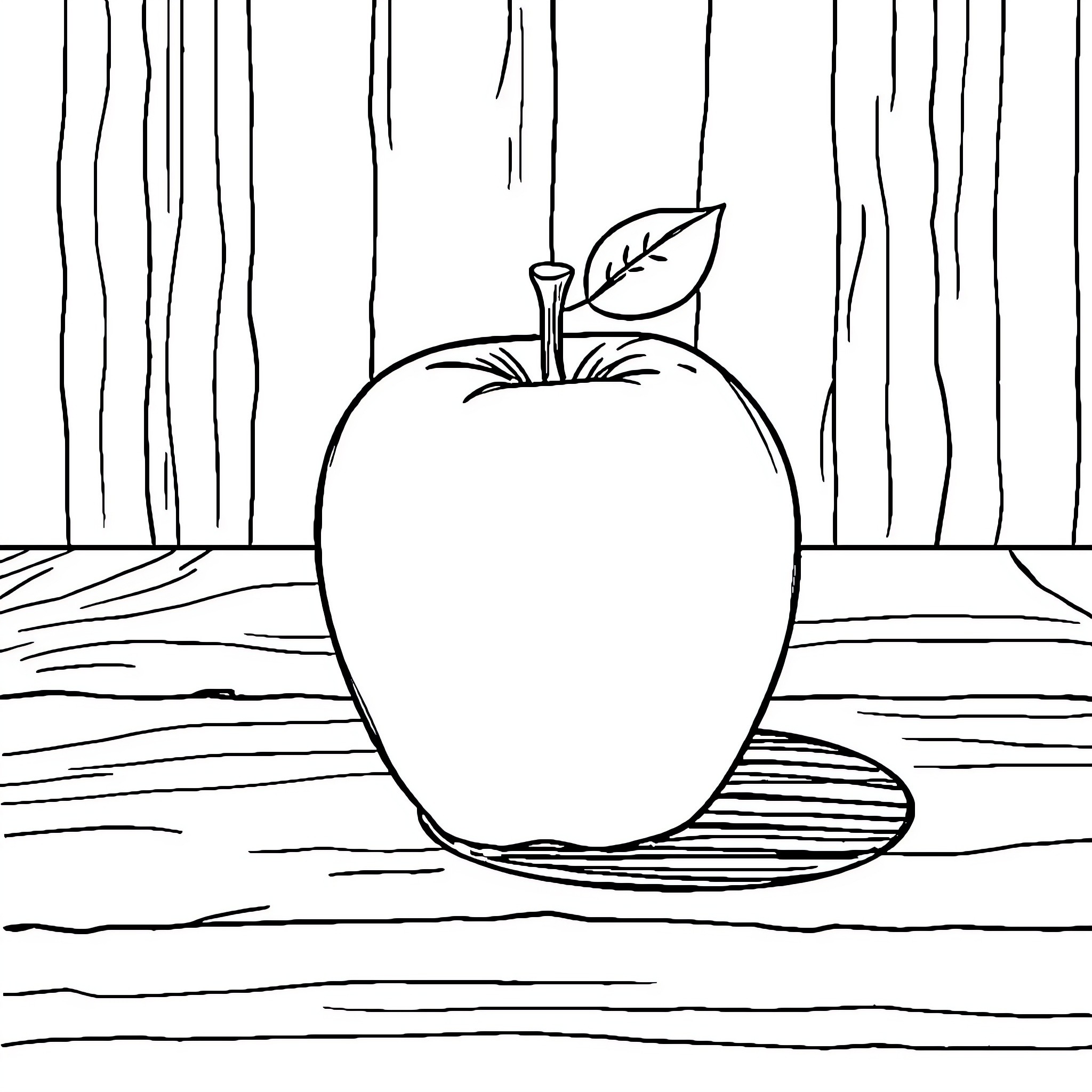 Apple on a Wooden Table Coloring Page (free black-and-white line drawing printable PDF for all, from beginners to advanced learners, including children, teens, adults, and seniors)