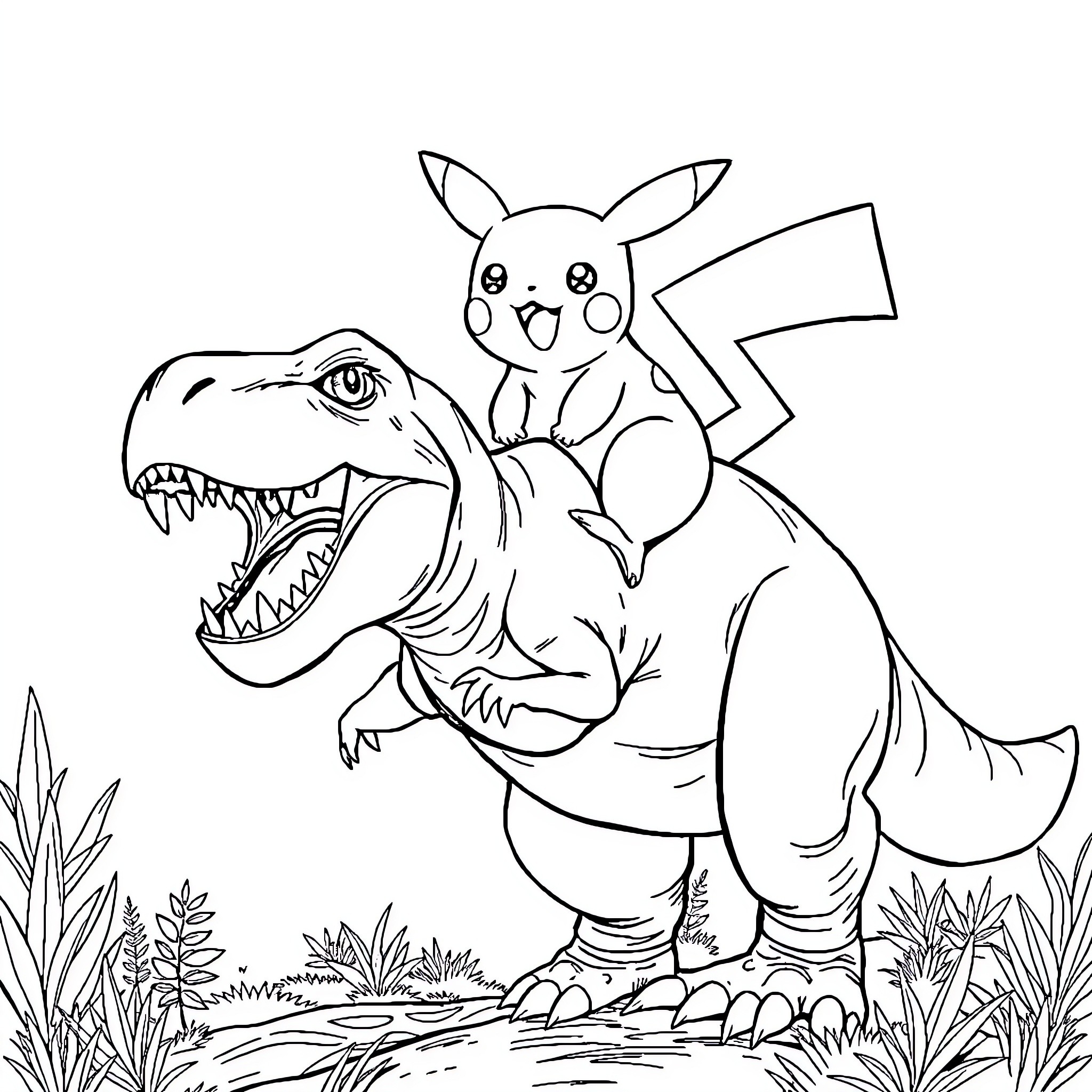 Pikachu riding on a ferocious dinosaur Coloring Page (free black-and-white line drawing printable PDF for all, from beginners to advanced learners, including children, teens, adults, and seniors)