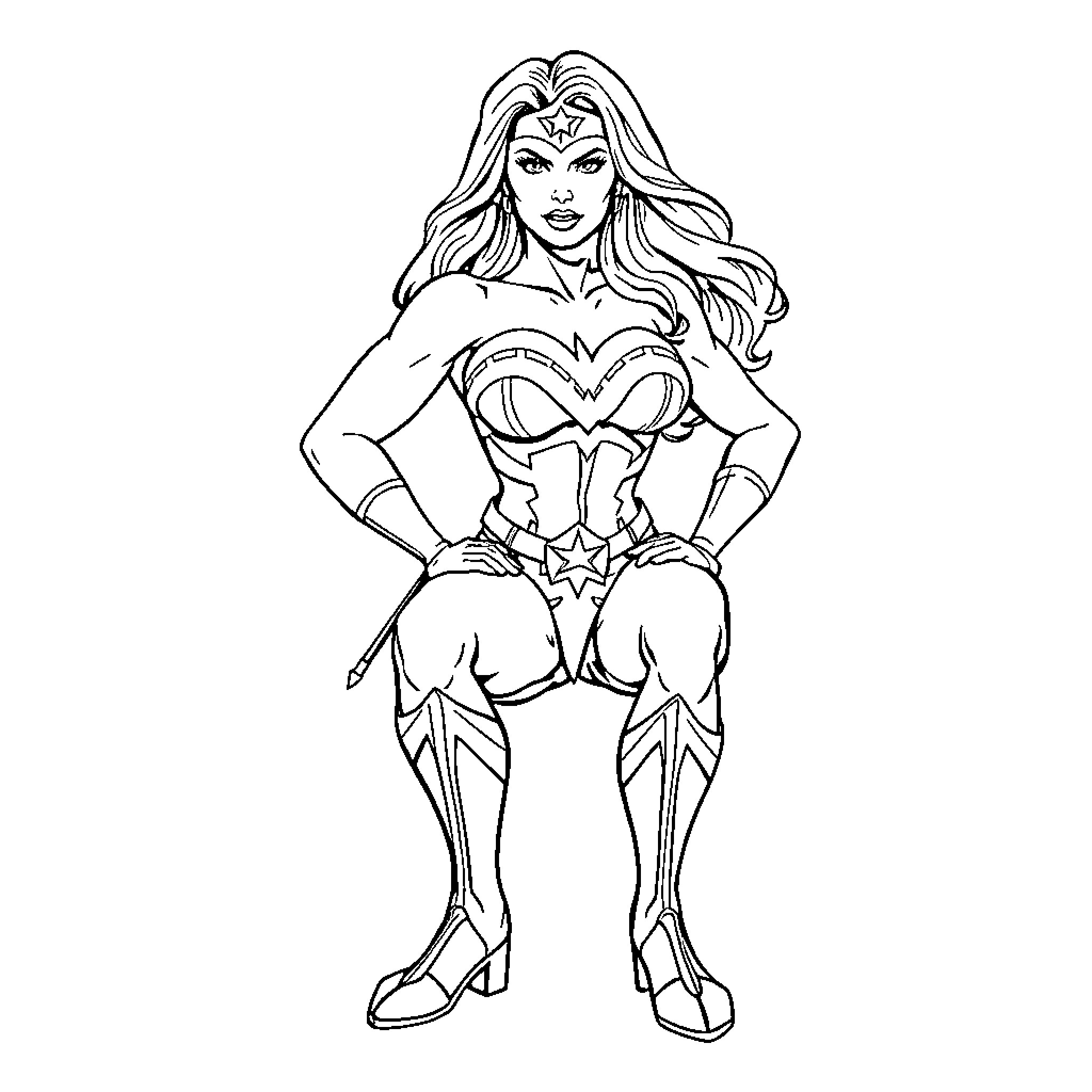 Wonder Woman in heroic pose Coloring Page (free black-and-white line drawing printable PDF for all, from beginners to advanced learners, including children, teens, adults, and seniors)
