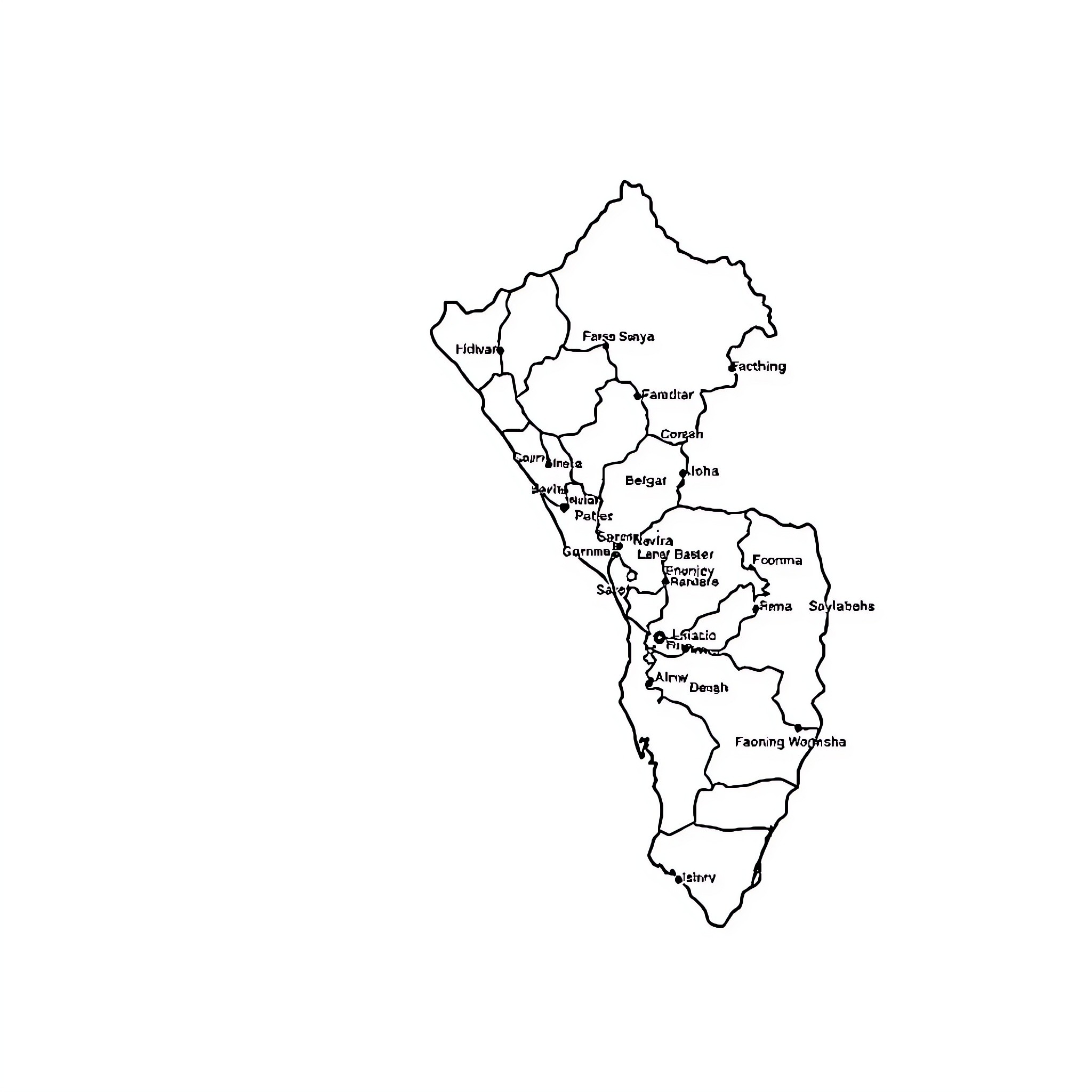 Map of geographic regions and locations Coloring Page (free black-and-white line drawing printable PDF for all, from beginners to advanced learners, including children, teens, adults, and seniors)