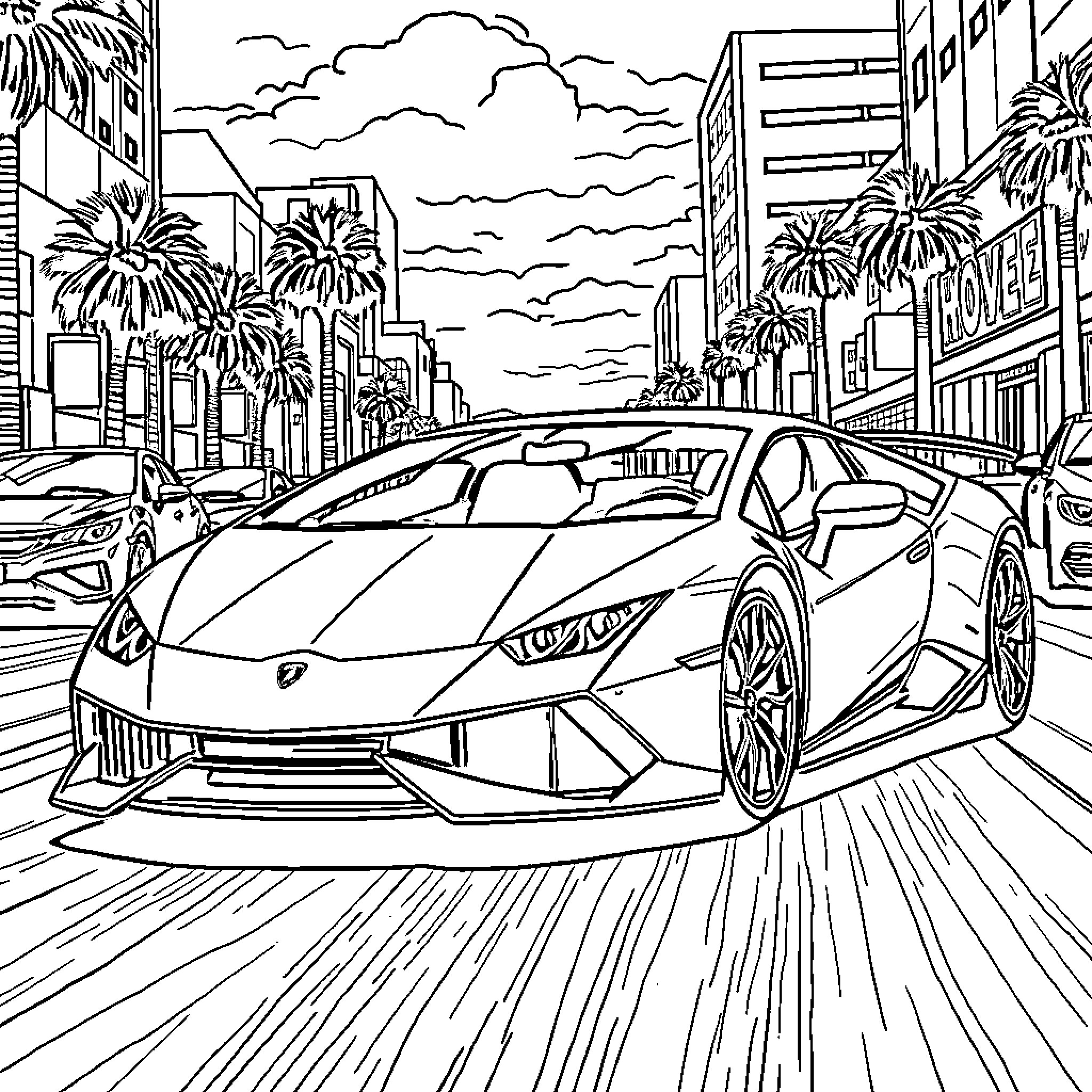 Lamborghini speeding through a bustling city street Coloring Page (free black-and-white line drawing printable PDF for all, from beginners to advanced learners, including children, teens, adults, and seniors)