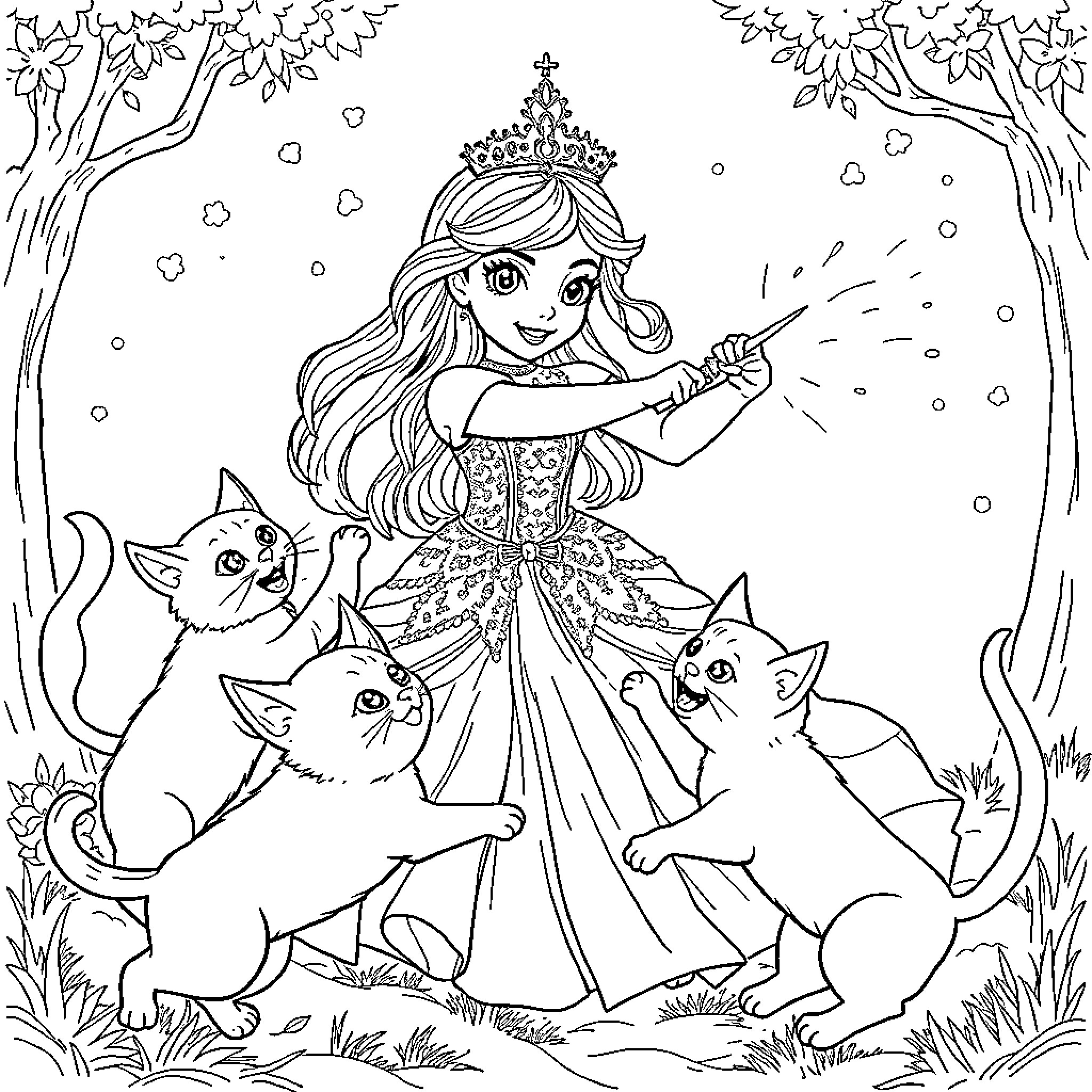Princess Playing with Enchanted Cats in Forest Wonderland Coloring Page (free black-and-white line drawing printable PDF for all, from beginners to advanced learners, including children, teens, adults, and seniors)