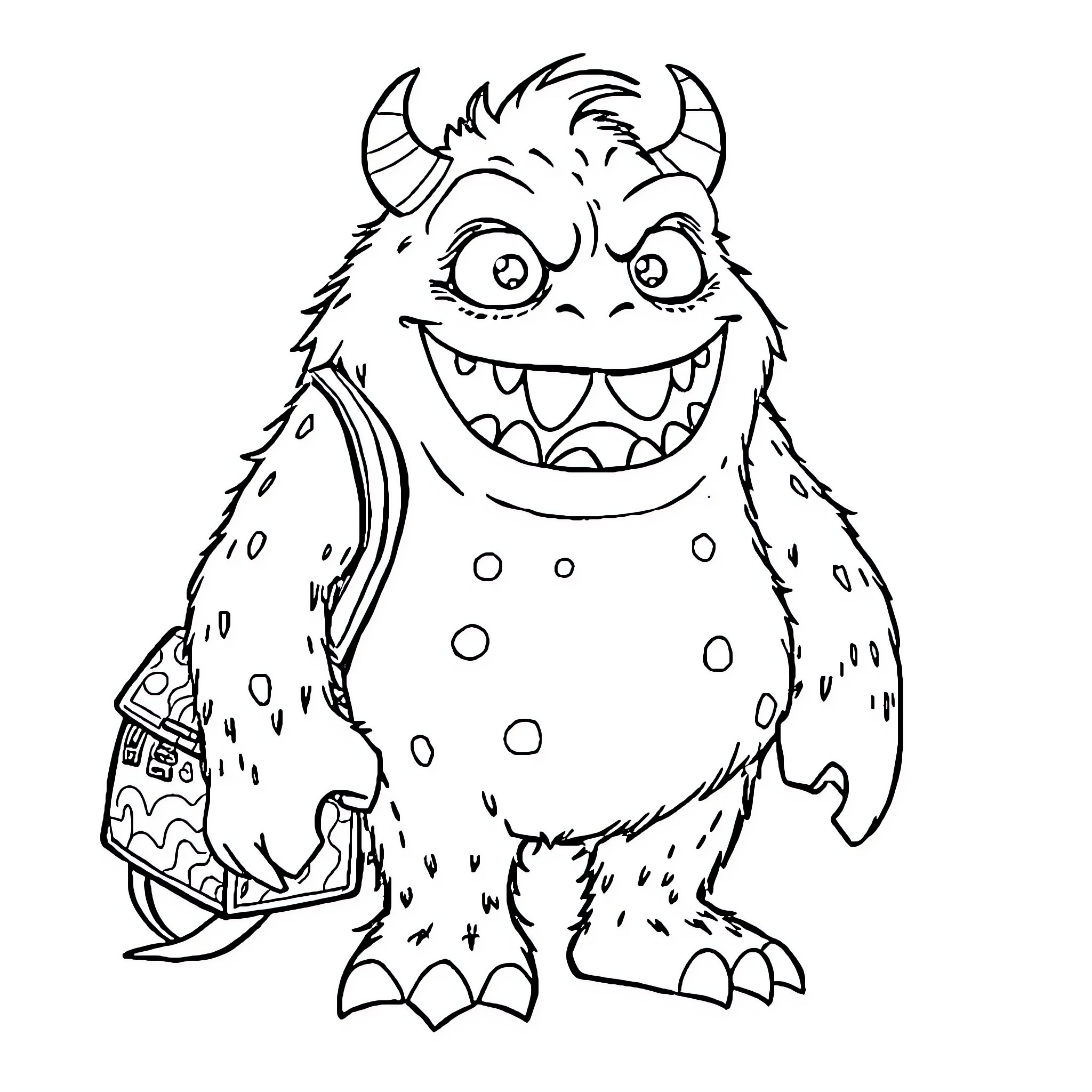 Monster with a Mischievous Grin Coloring Page (free black-and-white line drawing printable PDF for all, from beginners to advanced learners, including children, teens, adults, and seniors)