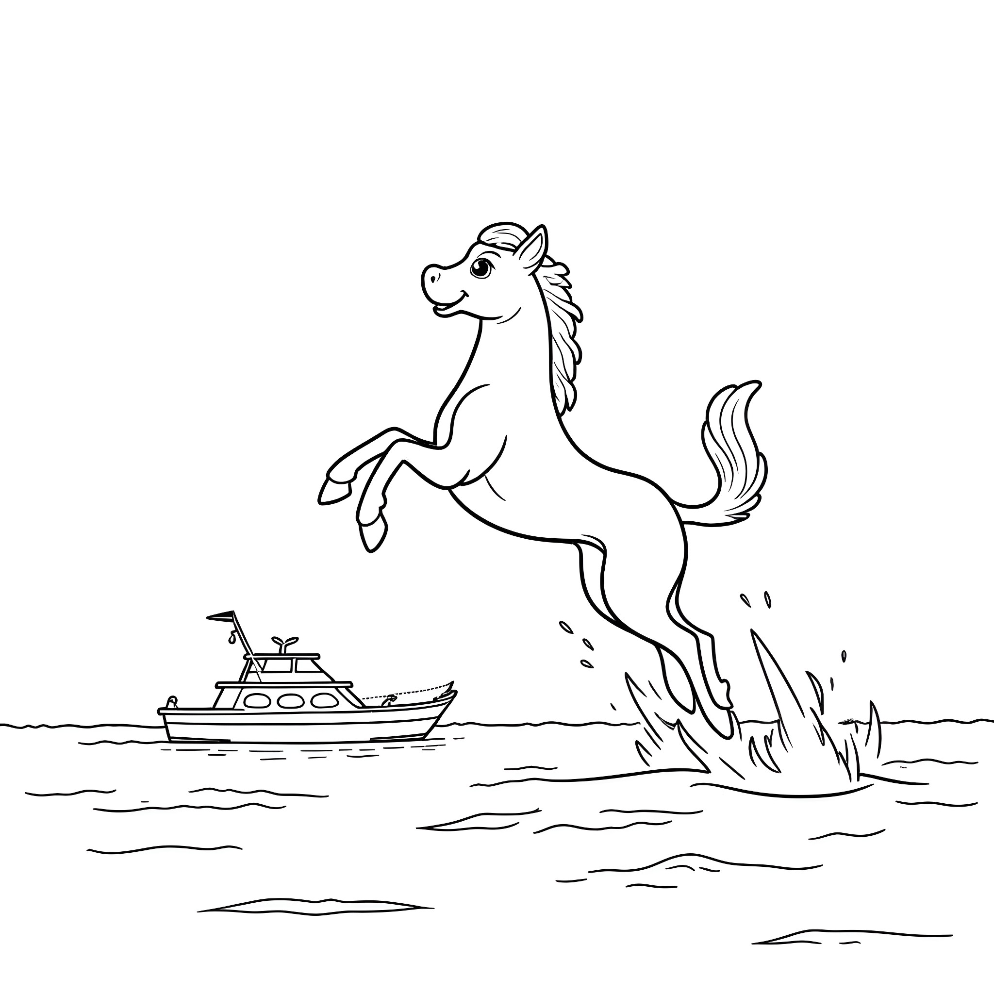 Marlina the Playful Horse Frolicking near the Boat Coloring Page (free black-and-white line drawing printable PDF for all, from beginners to advanced learners, including children, teens, adults, and seniors)