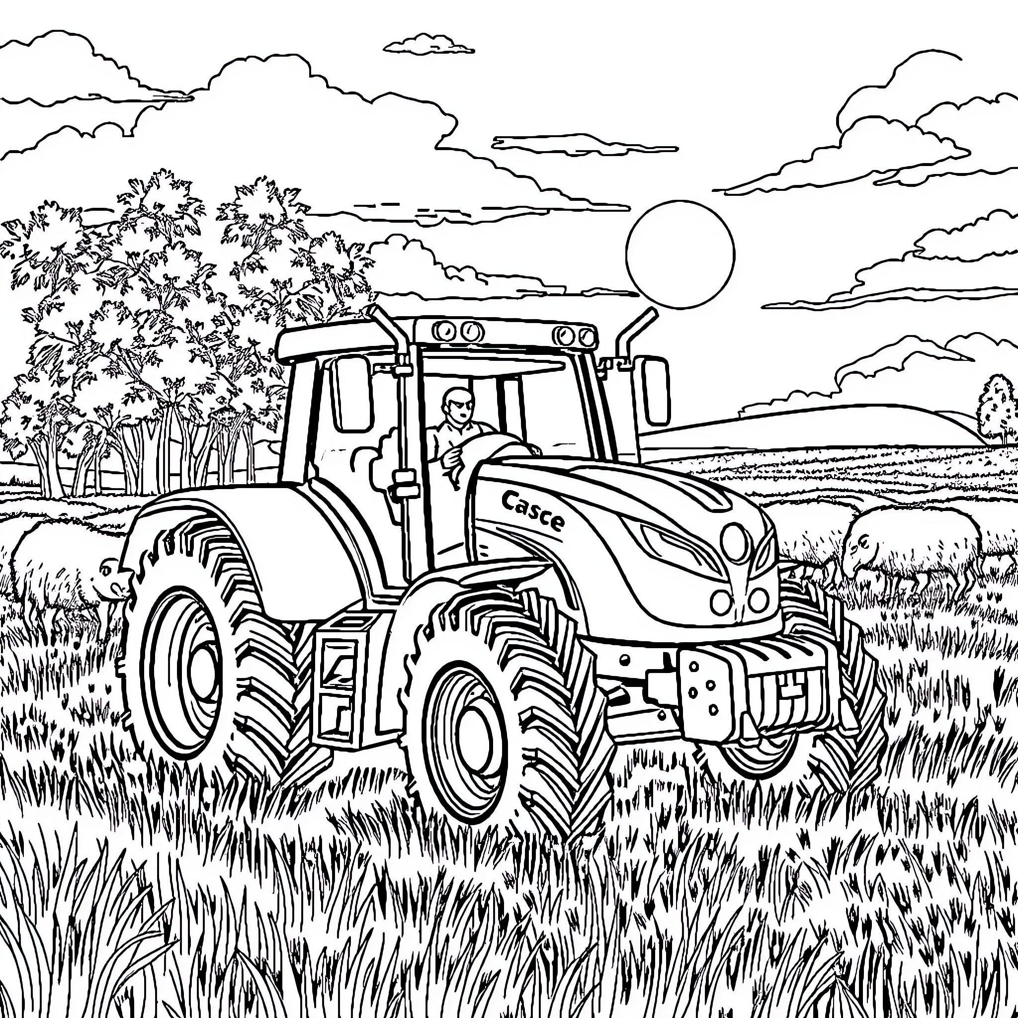 Tractor working diligently in the countryside Coloring Page (free black-and-white line drawing printable PDF for all, from beginners to advanced learners, including children, teens, adults, and seniors)