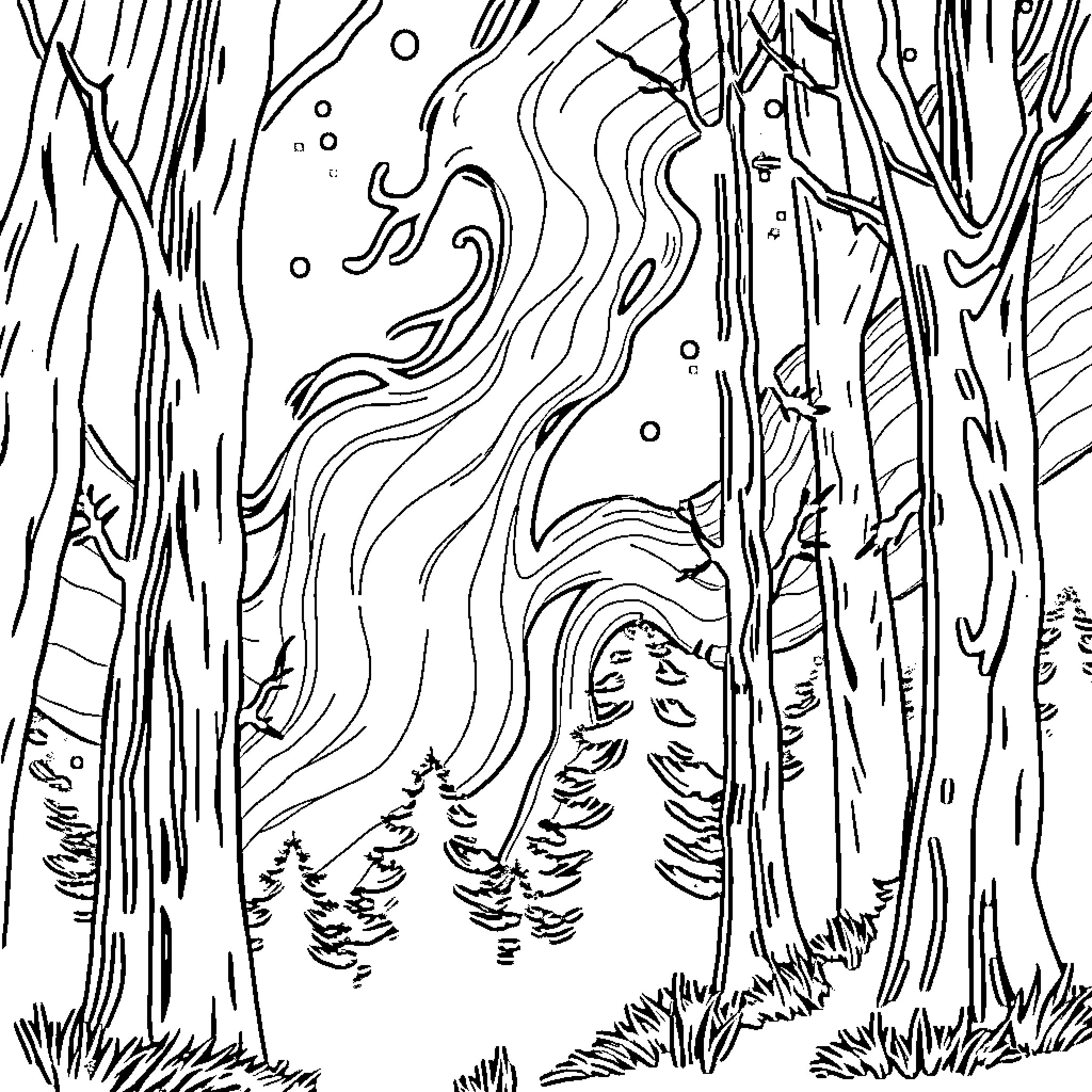 Howl in the Enchanted Forest Coloring Page (free black-and-white line drawing printable PDF for all, from beginners to advanced learners, including children, teens, adults, and seniors)