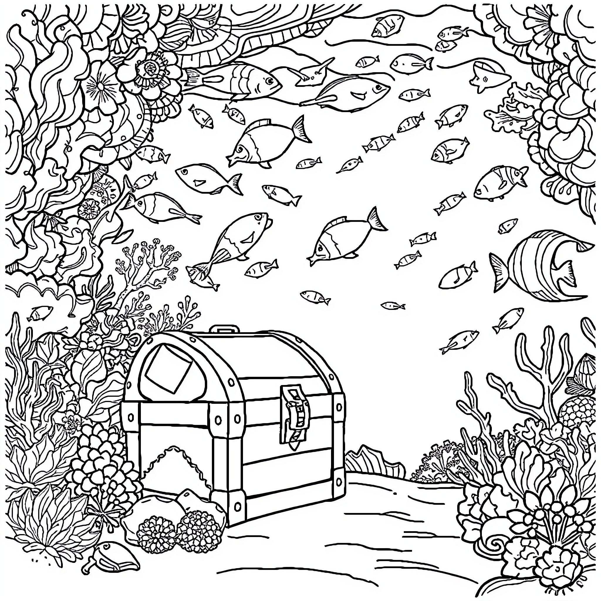 Treasure Chest Discovered in Underwater Coral Reef Coloring Page (free black-and-white line drawing printable PDF for all, from beginners to advanced learners, including children, teens, adults, and seniors)