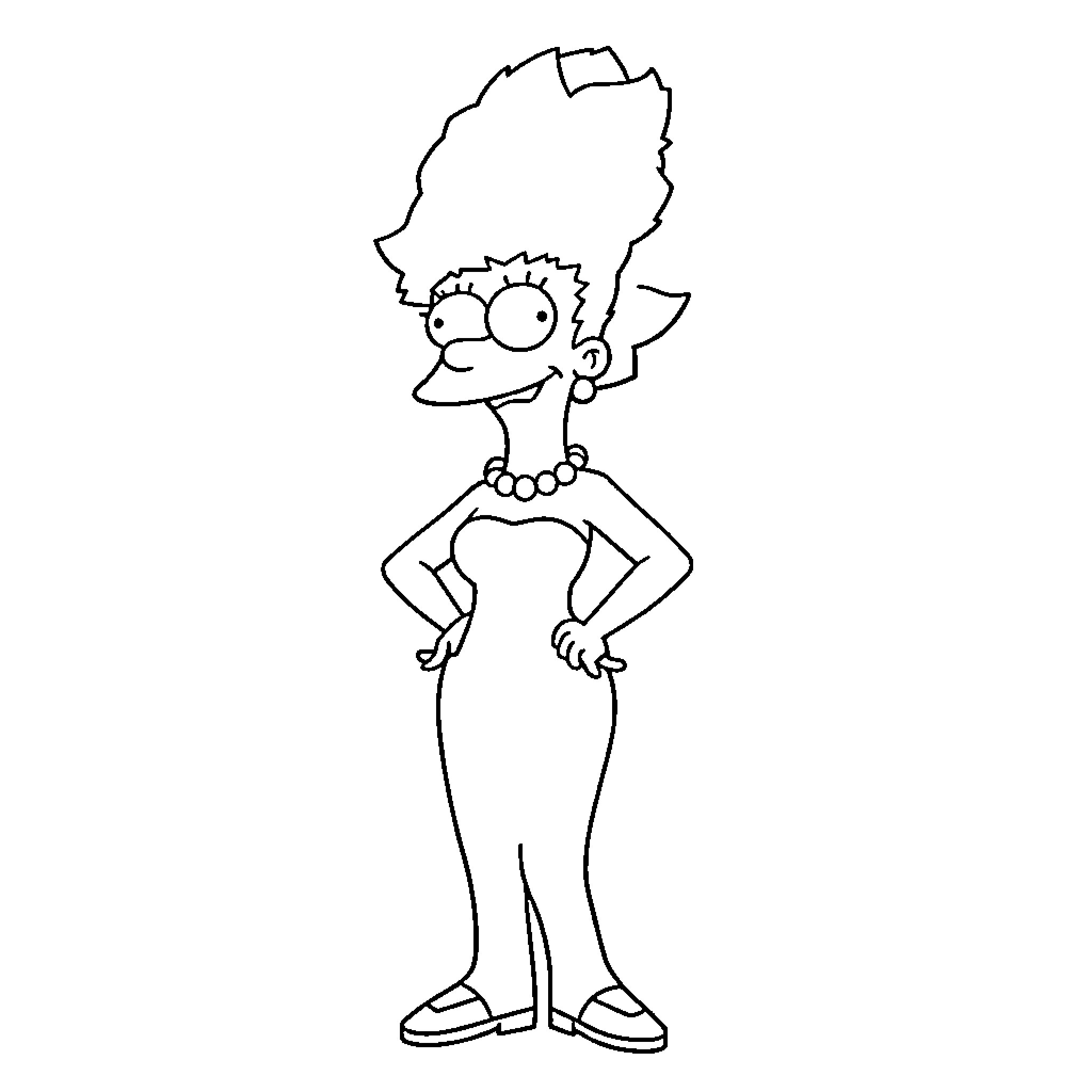 Marge Simpson posing with confident stance Coloring Page (free black-and-white line drawing printable PDF for all, from beginners to advanced learners, including children, teens, adults, and seniors)
