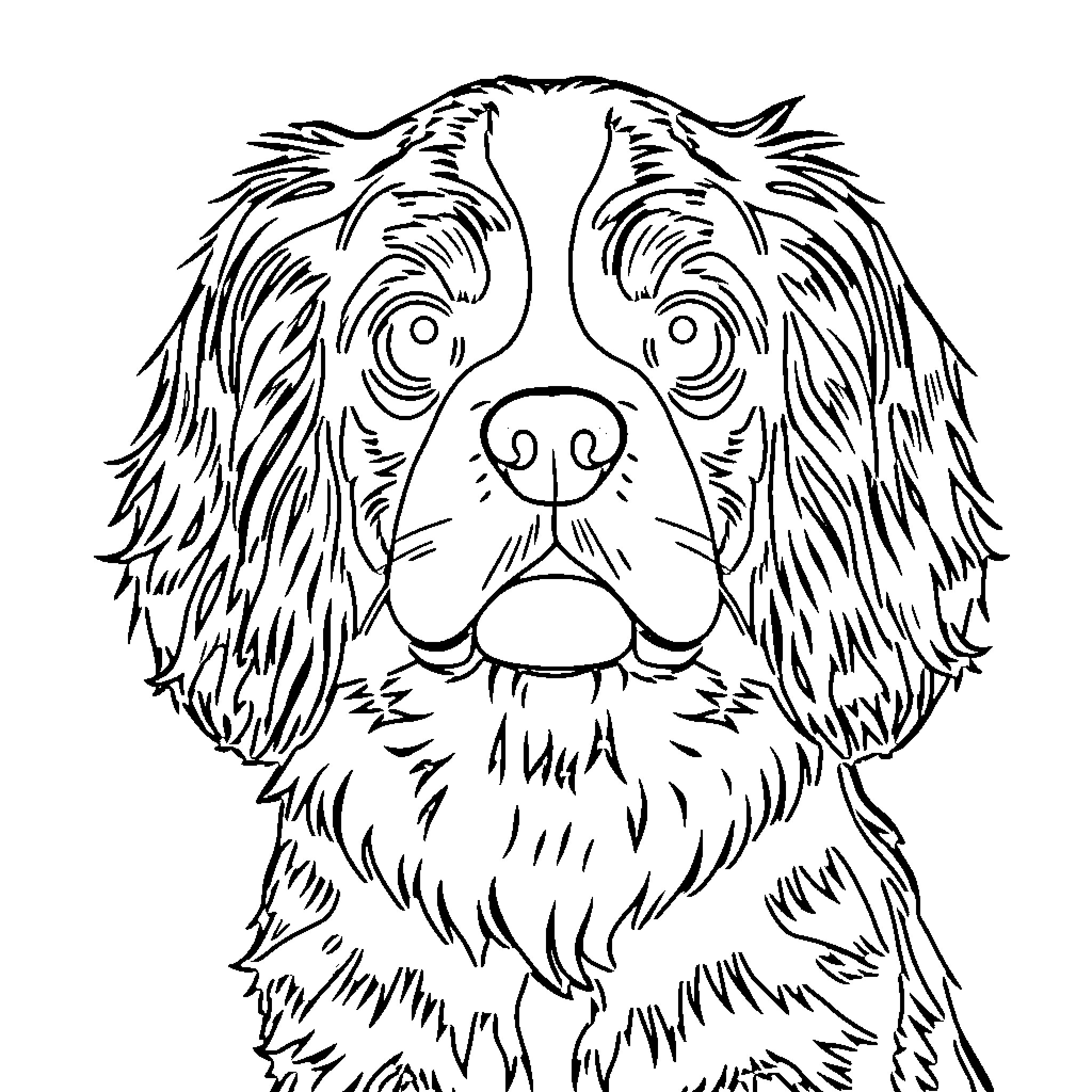 King Charles Spaniel with an attentive expression Coloring Page (free black-and-white line drawing printable PDF for all, from beginners to advanced learners, including children, teens, adults, and seniors)