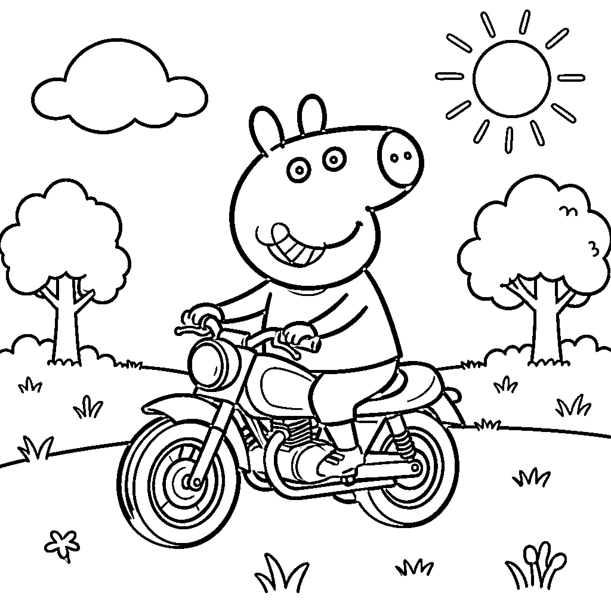 Peppa Pig smiling while riding a motorcycle outdoors Coloring Page (free black-and-white line drawing printable PDF for all, from beginners to advanced learners, including children, teens, adults, and seniors)