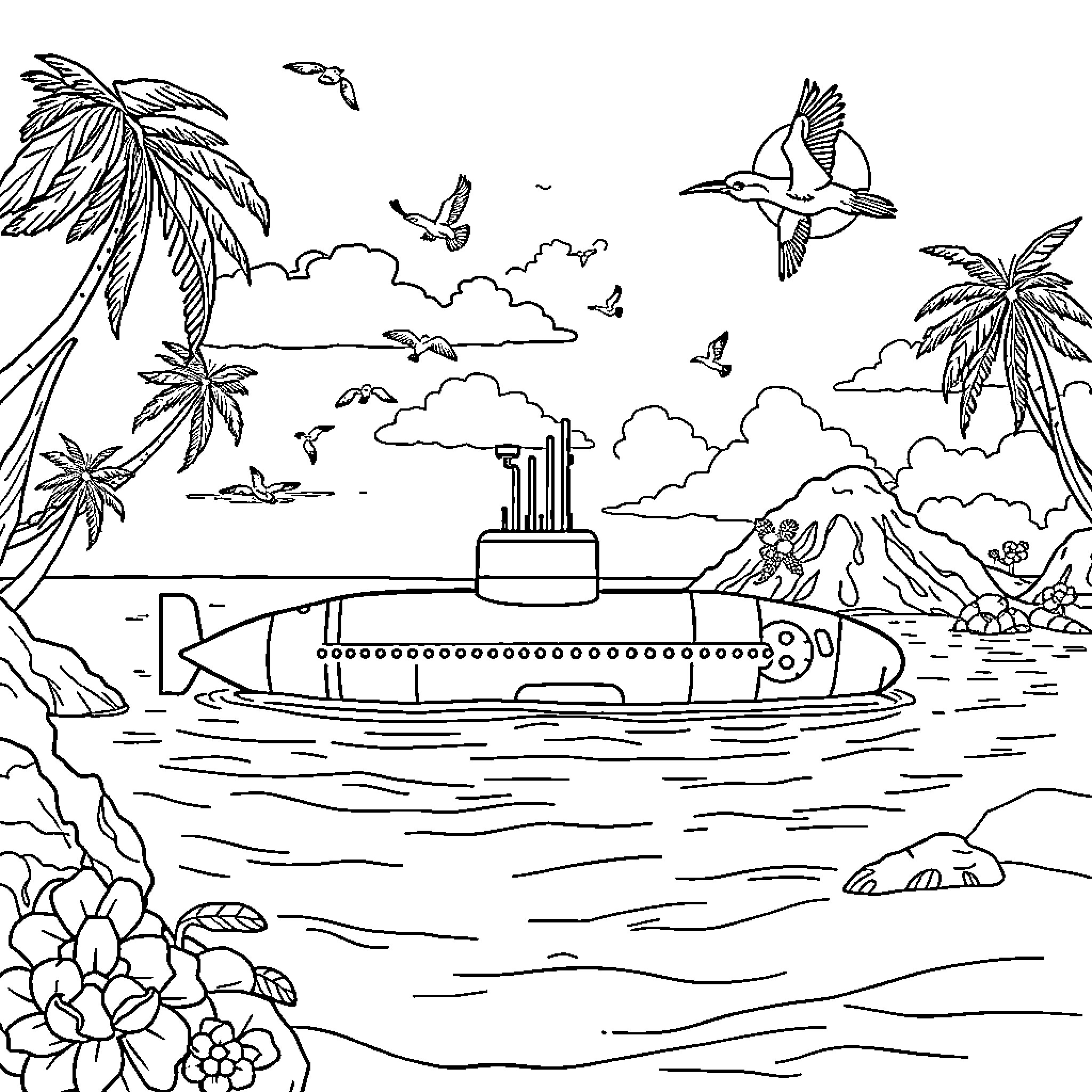 Submarine in a tropical underwater adventure Coloring Page (free black-and-white line drawing printable PDF for all, from beginners to advanced learners, including children, teens, adults, and seniors)