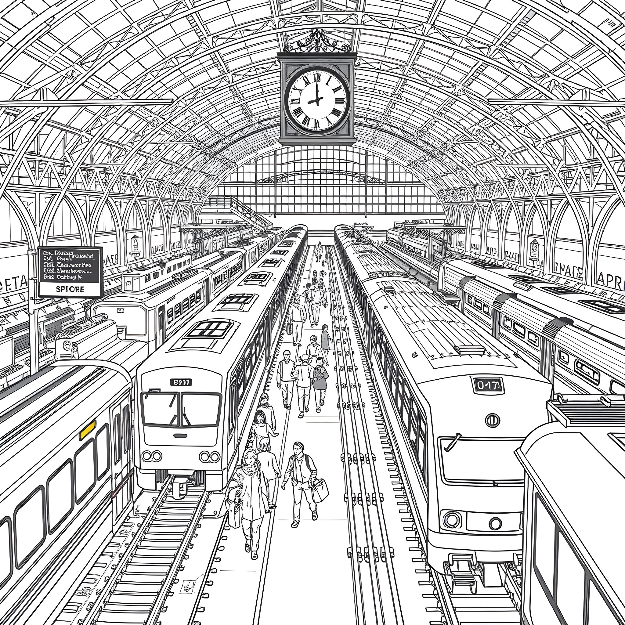 Train station bustling with passengers and trains Coloring Page (free black-and-white line drawing printable PDF for all, from beginners to advanced learners, including children, teens, adults, and seniors)