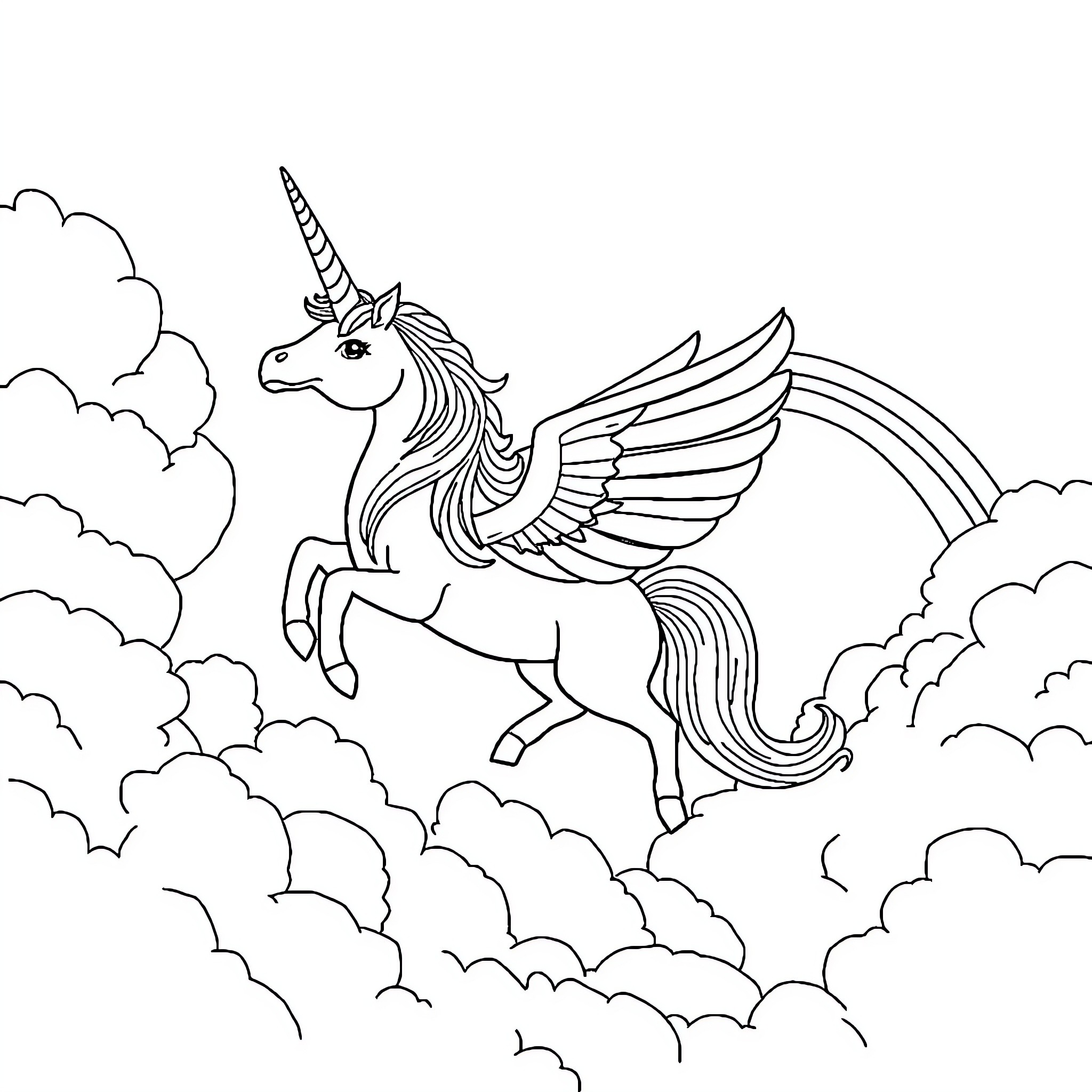 Unicorn soaring through cloudy skies Coloring Page (free black-and-white line drawing printable PDF for all, from beginners to advanced learners, including children, teens, adults, and seniors)