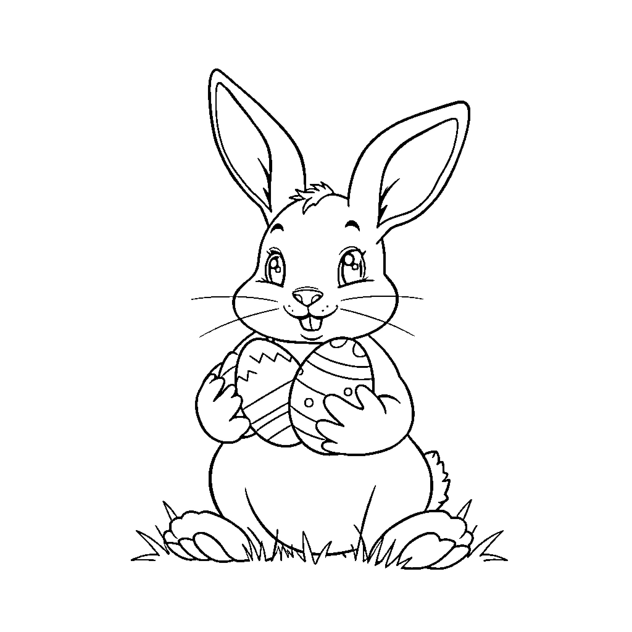 Bunny holding a decorated egg Coloring Page (free black-and-white line drawing printable PDF for all, from beginners to advanced learners, including children, teens, adults, and seniors)