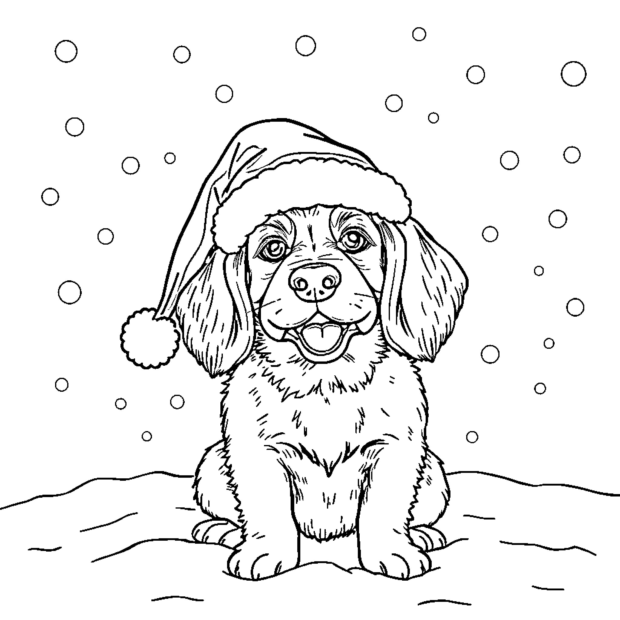 Dog wearing Santa hat in snowy landscape Coloring Page (free black-and-white line drawing printable PDF for all, from beginners to advanced learners, including children, teens, adults, and seniors)
