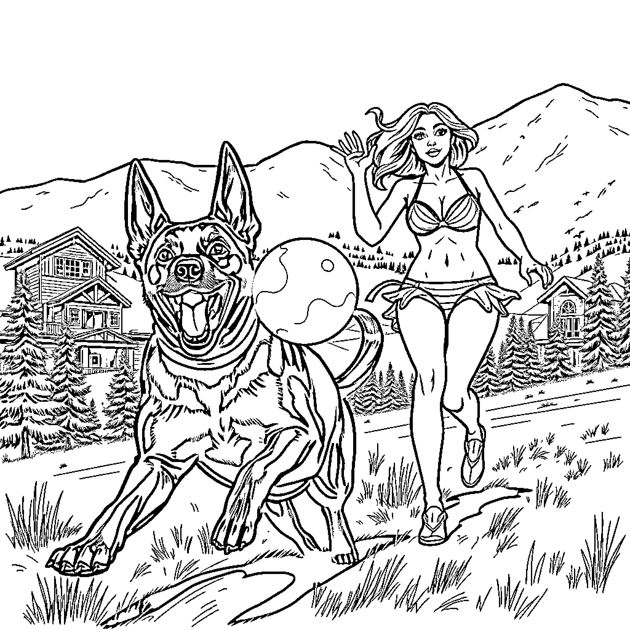 Belgian Malinois guarding a woman in the snowy wilderness Coloring Page (free black-and-white line drawing printable PDF for all, from beginners to advanced learners, including children, teens, adults, and seniors)