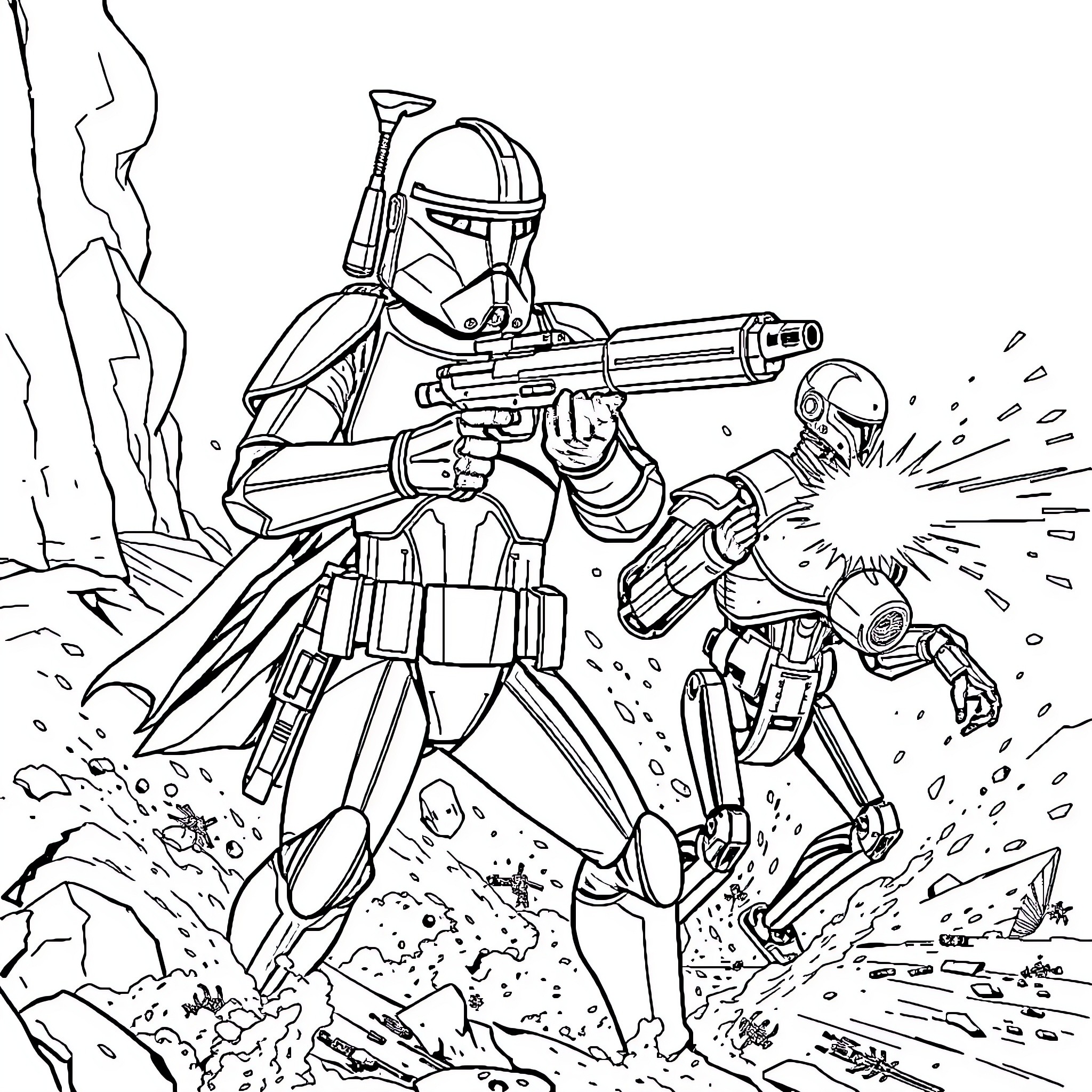 Clone Commander Cody leading troops in a battle scene Coloring Page (free black-and-white line drawing printable PDF for all, from beginners to advanced learners, including children, teens, adults, and seniors)