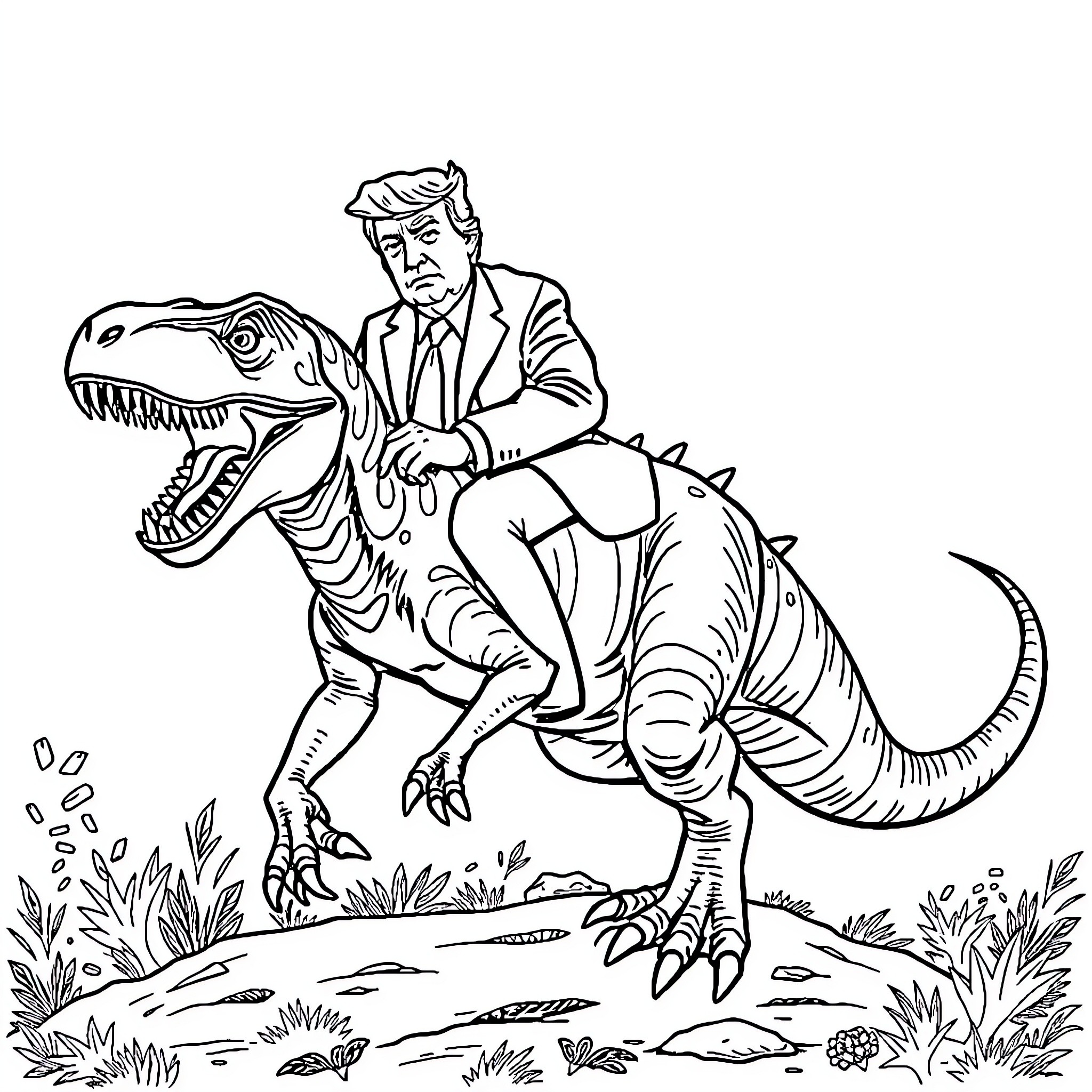 Donald Trump Riding a Tyrannosaurus Rex Coloring Page (free black-and-white line drawing printable PDF for all, from beginners to advanced learners, including children, teens, adults, and seniors)