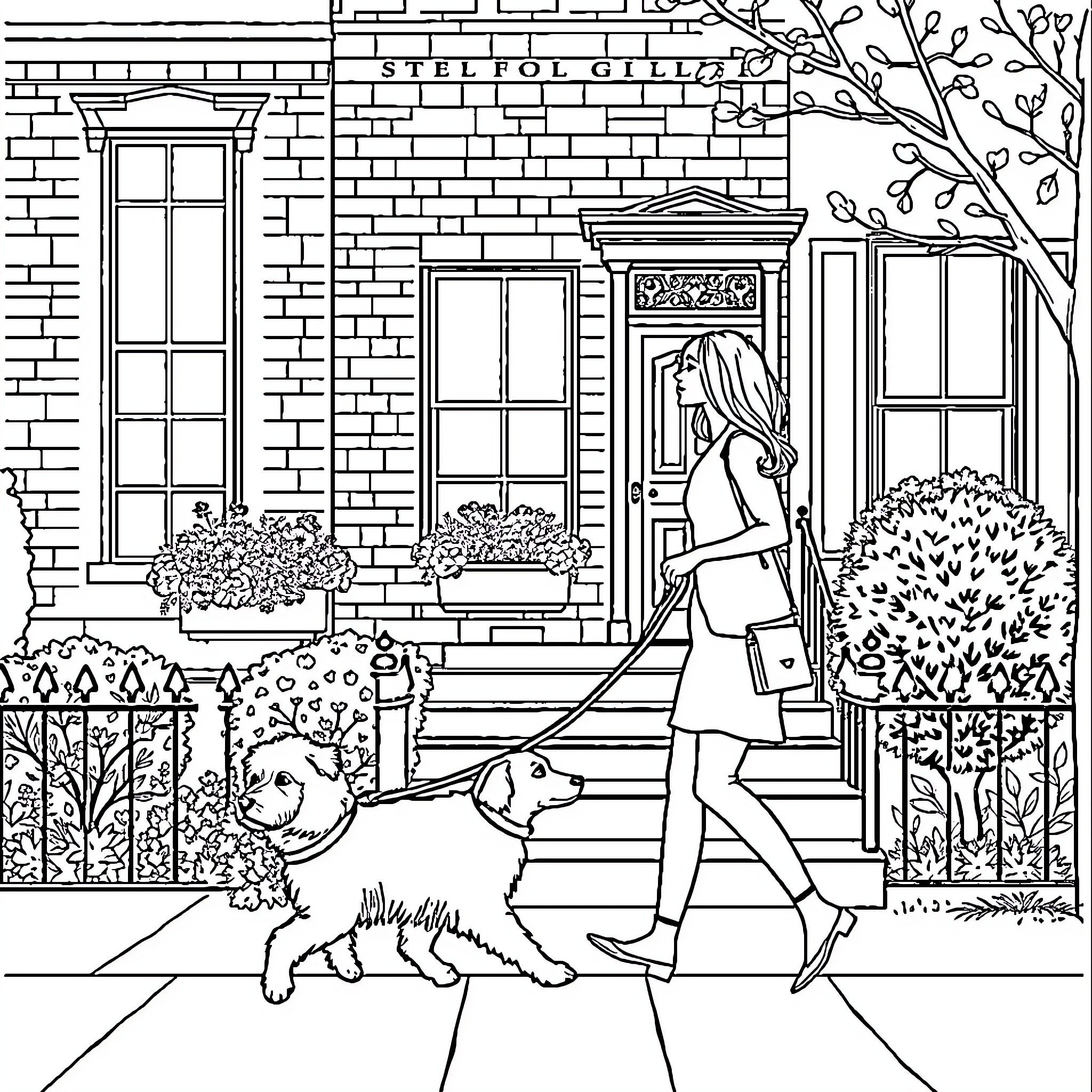Woman walking her dog on a city street Coloring Page (free black-and-white line drawing printable PDF for all, from beginners to advanced learners, including children, teens, adults, and seniors)
