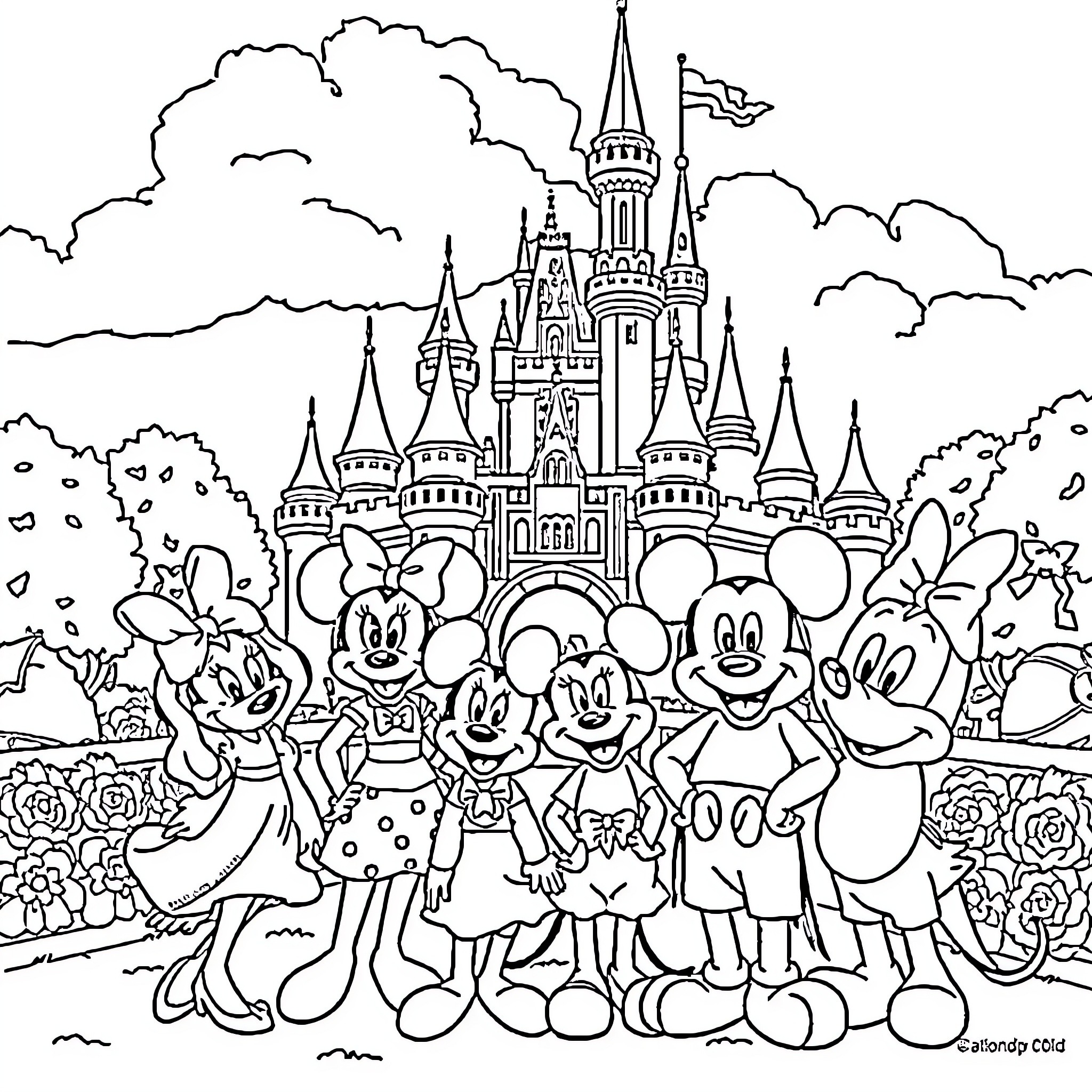 Disney Characters Enjoying Enchanted Castle Scenery Coloring Page (free black-and-white line drawing printable PDF for all, from beginners to advanced learners, including children, teens, adults, and seniors)
