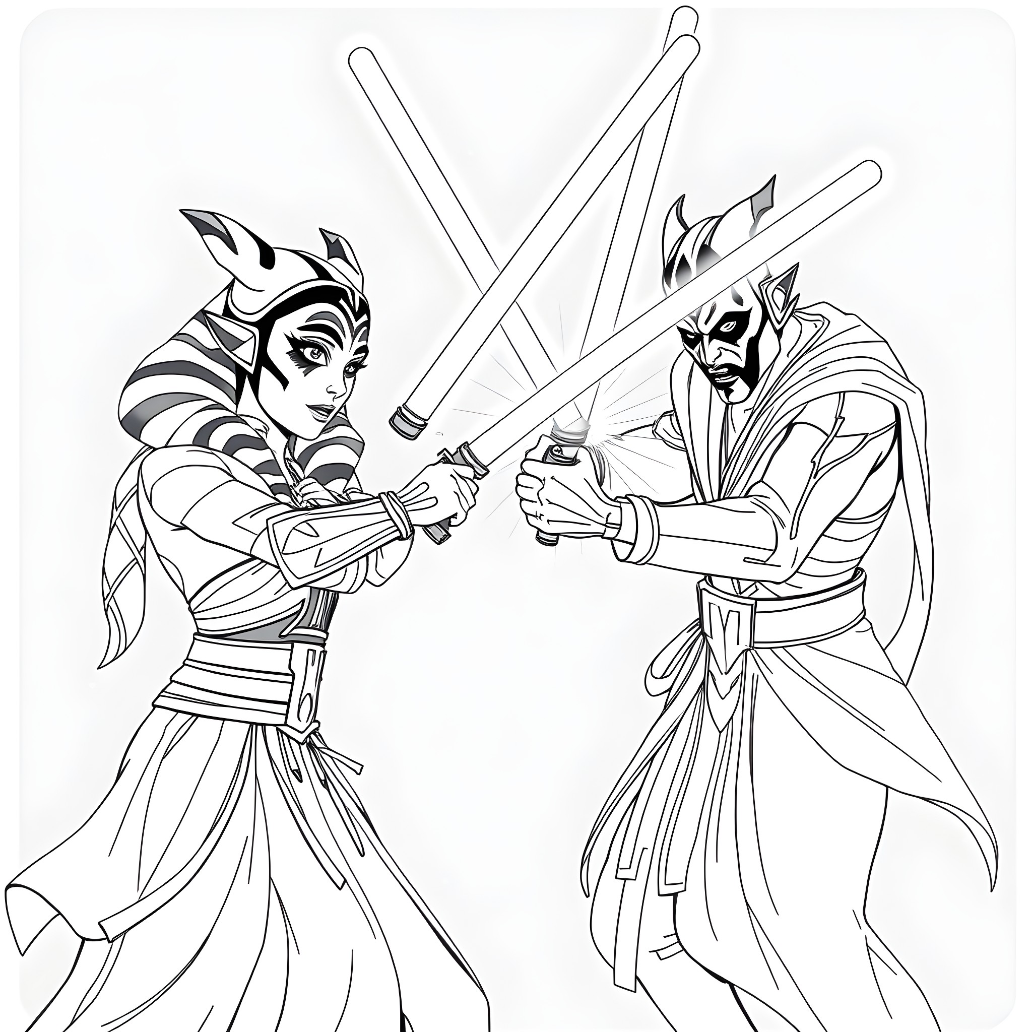Ashoka Tano in fierce battle with Darth Maul Coloring Page (free black-and-white line drawing printable PDF for all, from beginners to advanced learners, including children, teens, adults, and seniors)
