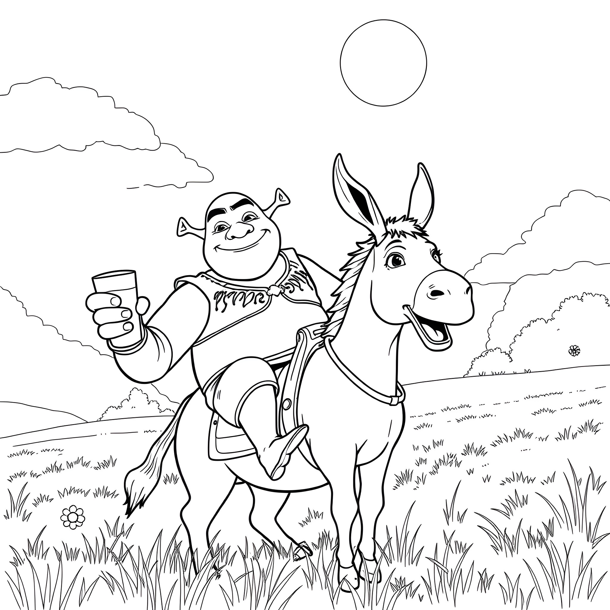 Shrek riding a donkey and taking a selfie in the countryside Coloring Page (free black-and-white line drawing printable PDF for all, from beginners to advanced learners, including children, teens, adults, and seniors)