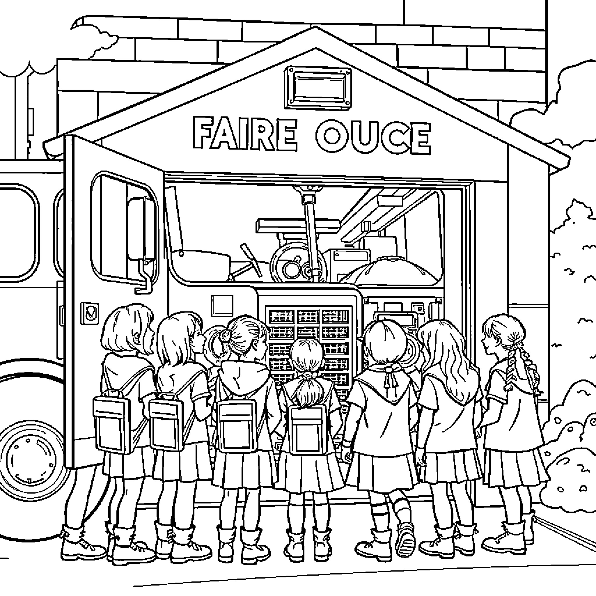 Girl Scout Troop Explores Faire Ouce Mobile Unit Coloring Page (free black-and-white line drawing printable PDF for all, from beginners to advanced learners, including children, teens, adults, and seniors)