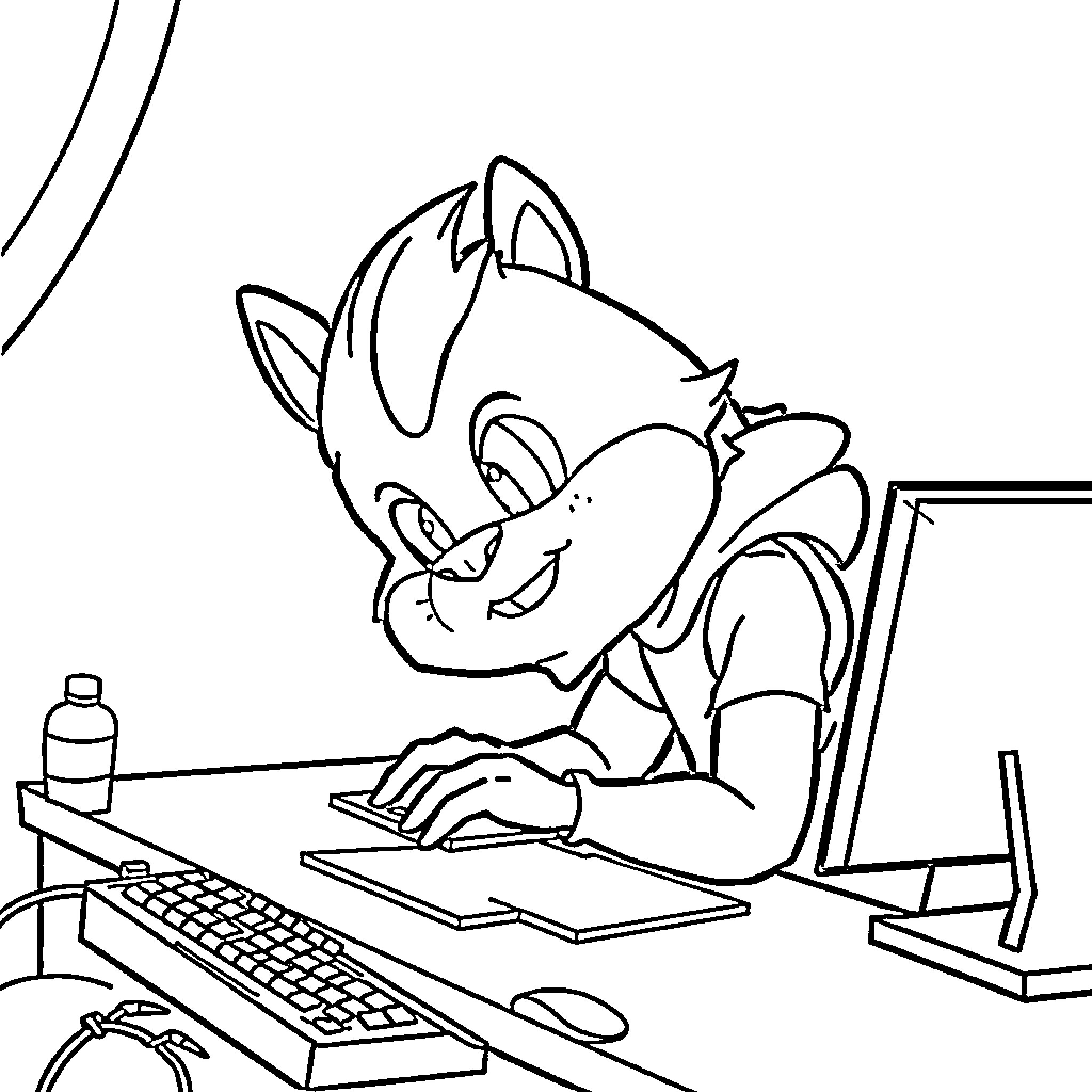 Labubu happily working on computer Coloring Page (free black-and-white line drawing printable PDF for all, from beginners to advanced learners, including children, teens, adults, and seniors)