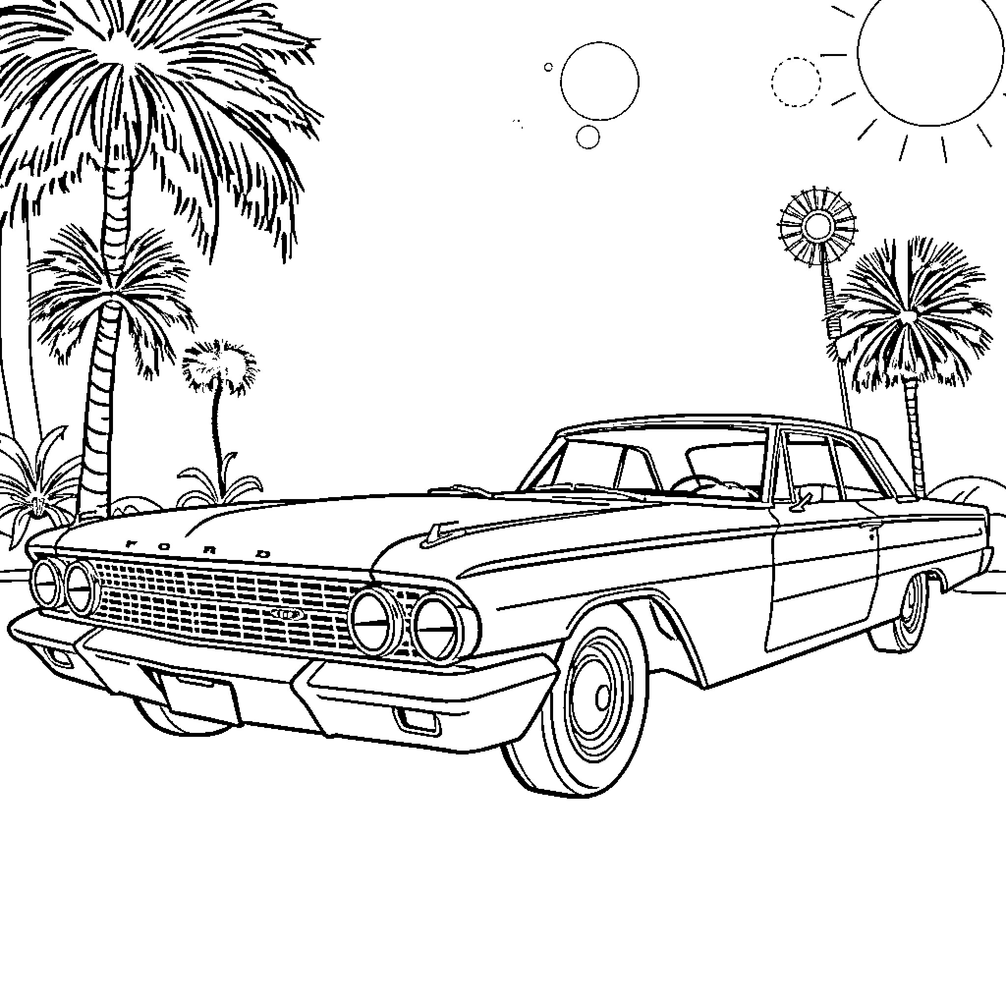 Ford Galaxie classic car on sunny beach scene Coloring Page (free black-and-white line drawing printable PDF for all, from beginners to advanced learners, including children, teens, adults, and seniors)
