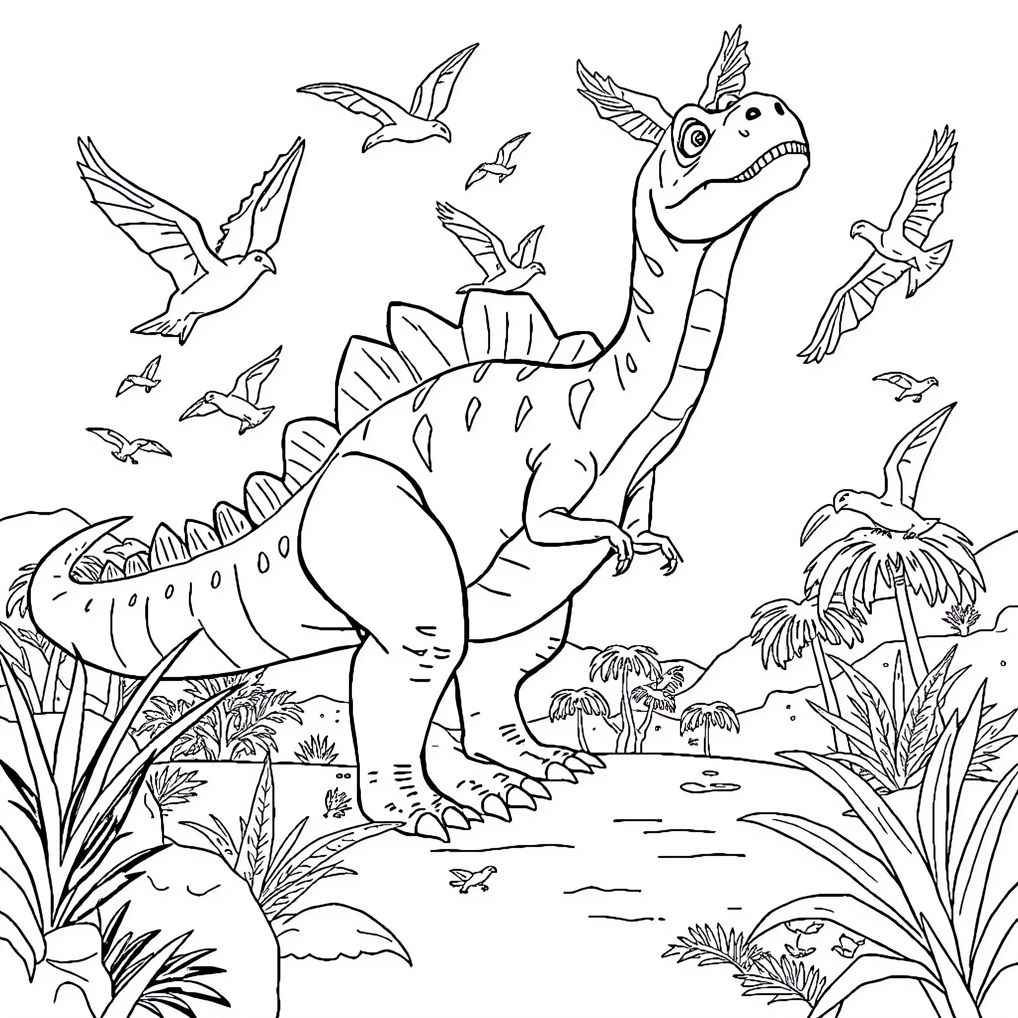 Dinosaur enjoying the natural environment with birds Coloring Page (free black-and-white line drawing printable PDF for all, from beginners to advanced learners, including children, teens, adults, and seniors)
