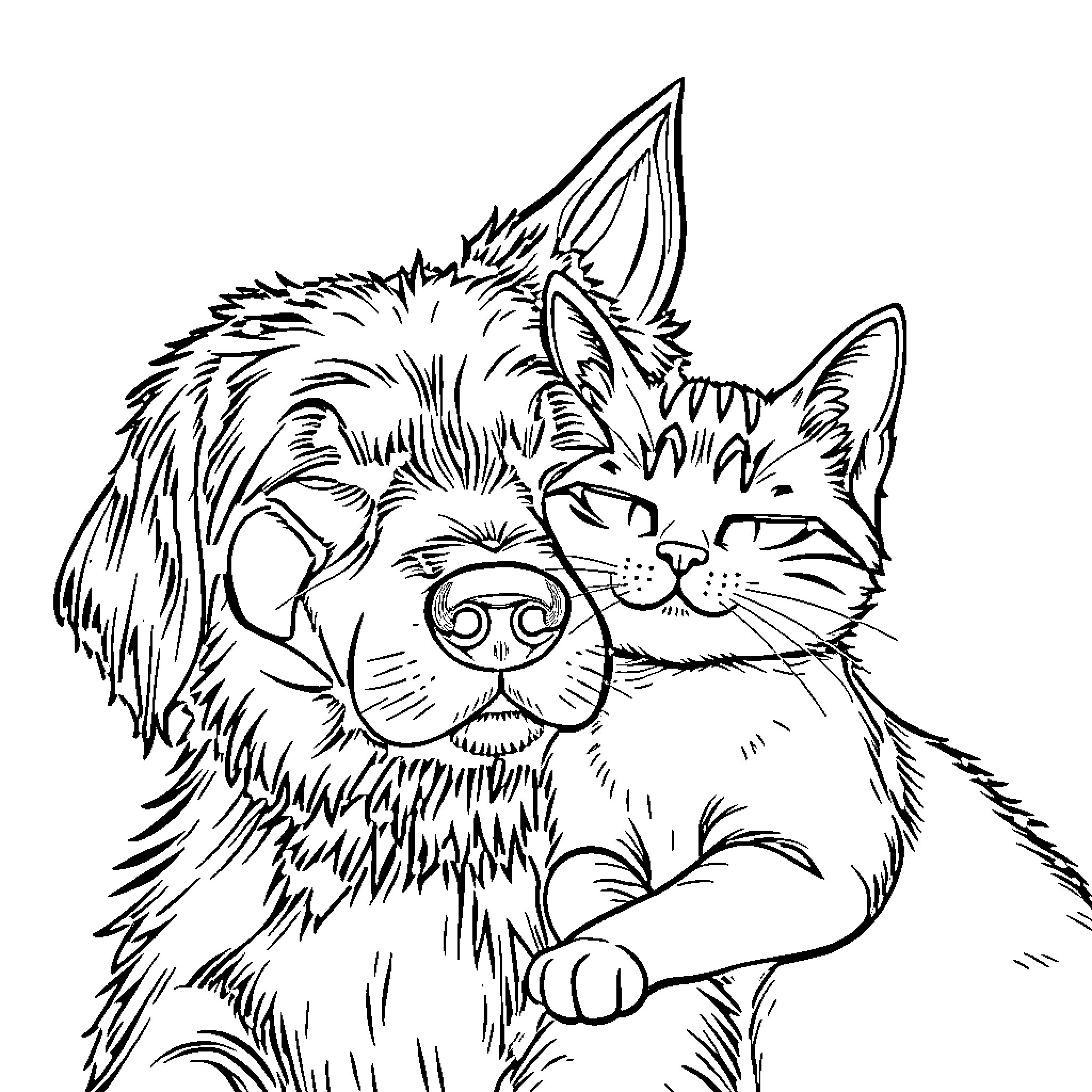 Perro and cat sitting together happily Coloring Page (free black-and-white line drawing printable PDF for all, from beginners to advanced learners, including children, teens, adults, and seniors)