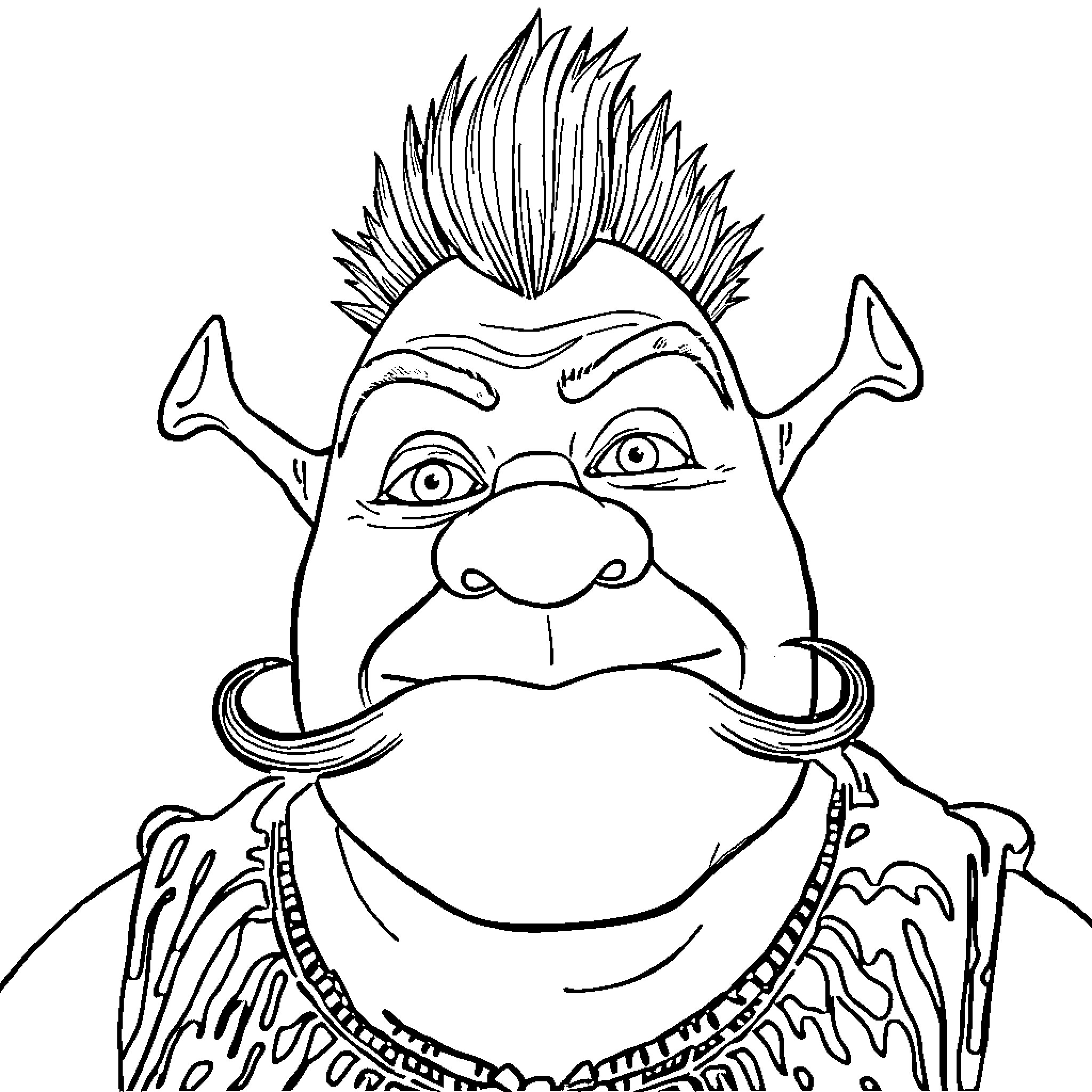 Shrek making a funny face with his distinctive features Coloring Page (free black-and-white line drawing printable PDF for all, from beginners to advanced learners, including children, teens, adults, and seniors)