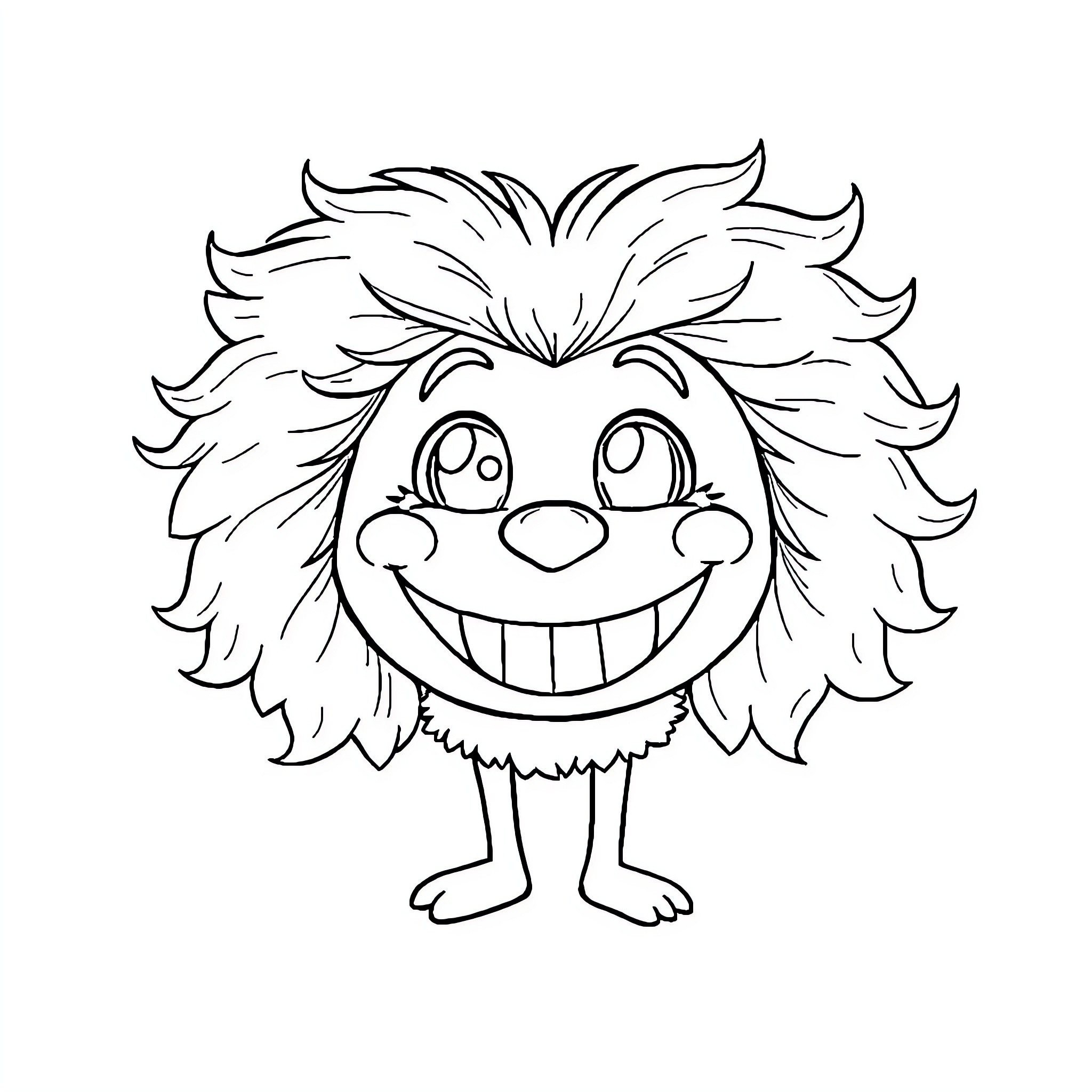 Blimblim Funny Fluffy Creature with Big Smile Coloring Page (free black-and-white line drawing printable PDF for all, from beginners to advanced learners, including children, teens, adults, and seniors)