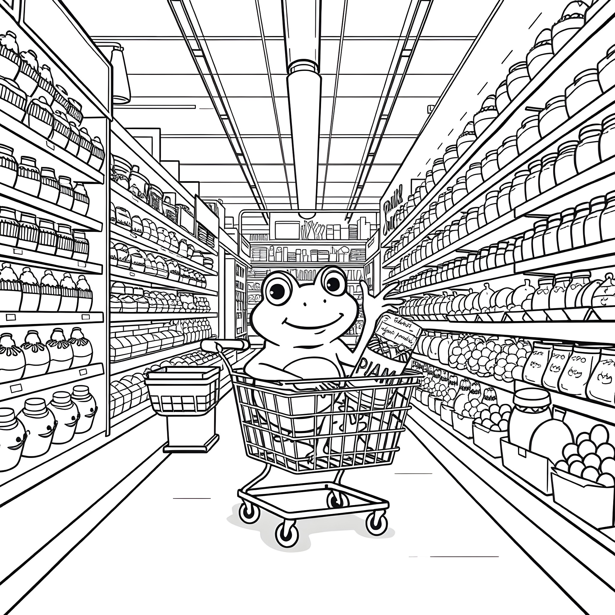 Frog shopping happily in the grocery store Coloring Page (free black-and-white line drawing printable PDF for all, from beginners to advanced learners, including children, teens, adults, and seniors)