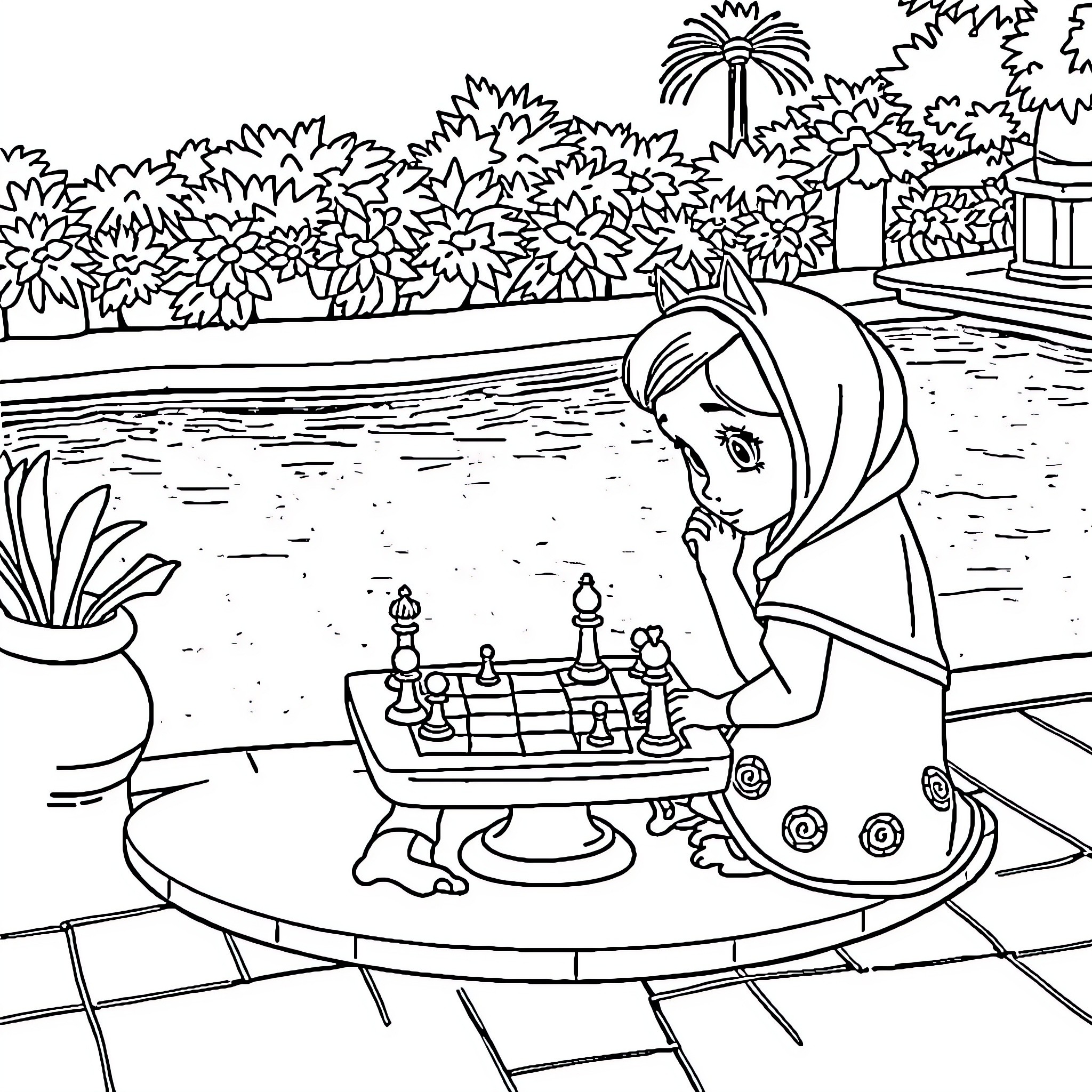 Masha playing chess in a tropical garden Coloring Page (free black-and-white line drawing printable PDF for all, from beginners to advanced learners, including children, teens, adults, and seniors)