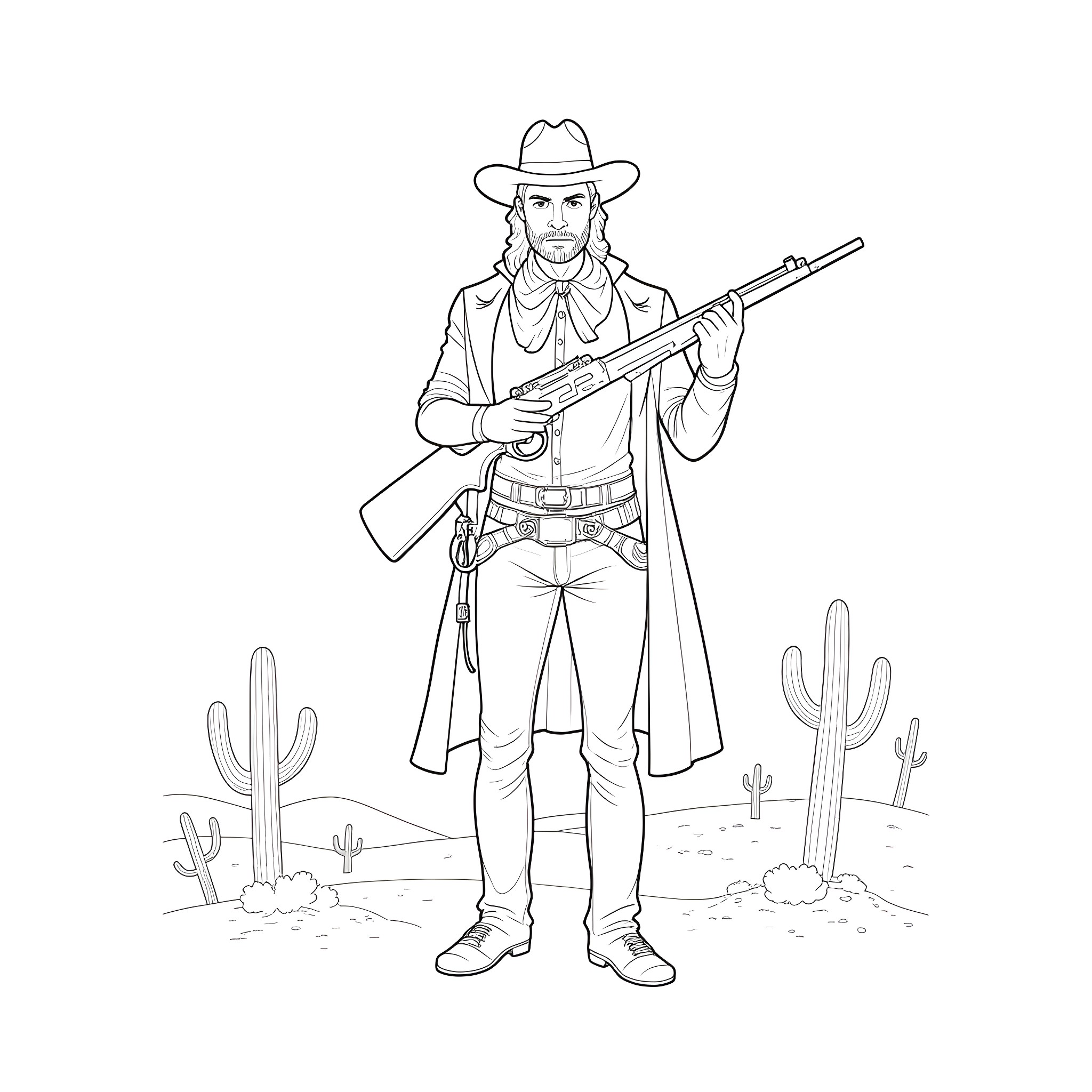 Bounty Hunter Stalking Through the Desert Coloring Page (free black-and-white line drawing printable PDF for all, from beginners to advanced learners, including children, teens, adults, and seniors)