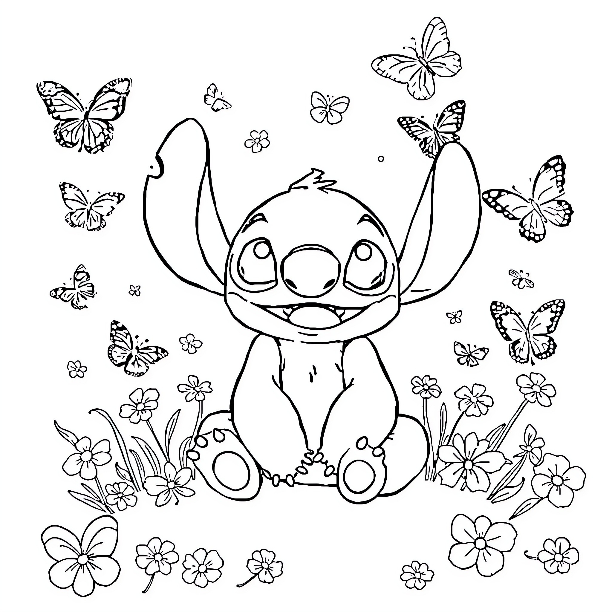 Stitch surrounded by butterflies and flowers Coloring Page (free black-and-white line drawing printable PDF for all, from beginners to advanced learners, including children, teens, adults, and seniors)