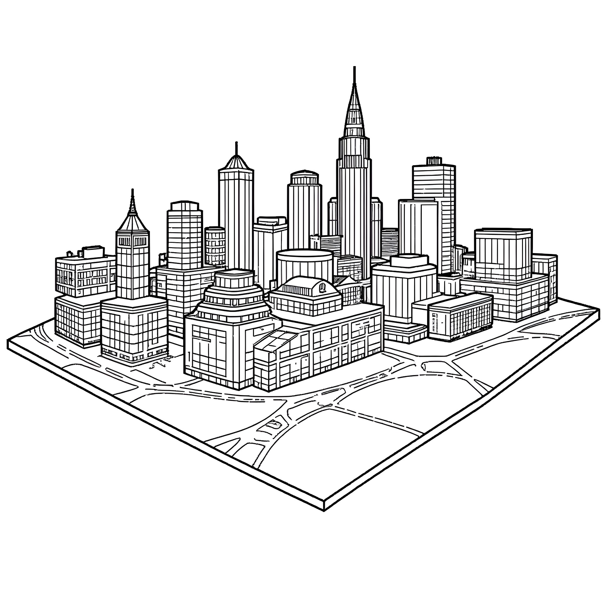 Map of a detailed city skyline Coloring Page (free black-and-white line drawing printable PDF for all, from beginners to advanced learners, including children, teens, adults, and seniors)