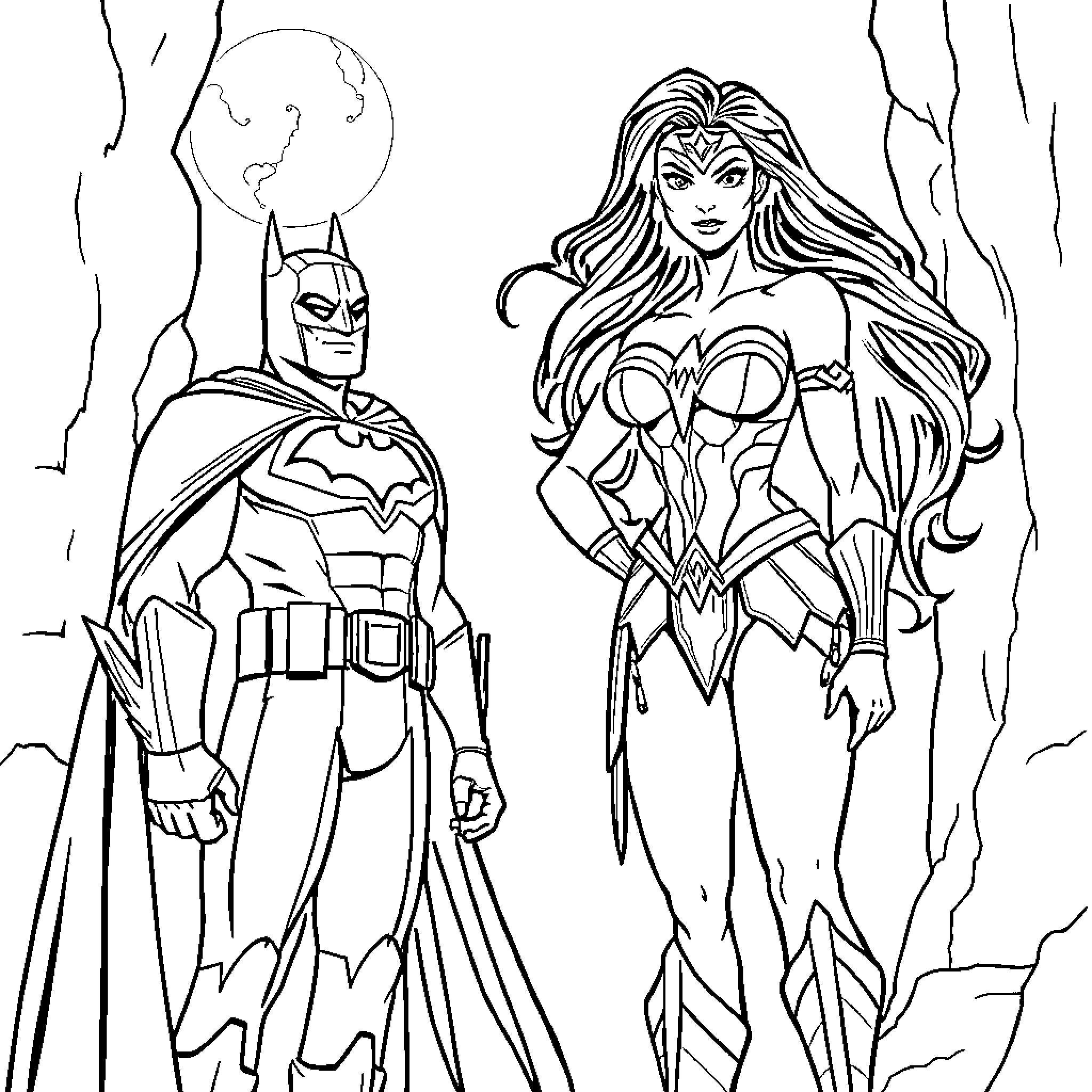 Batman and Wonder Woman in heroic poses Coloring Page (free black-and-white line drawing printable PDF for all, from beginners to advanced learners, including children, teens, adults, and seniors)