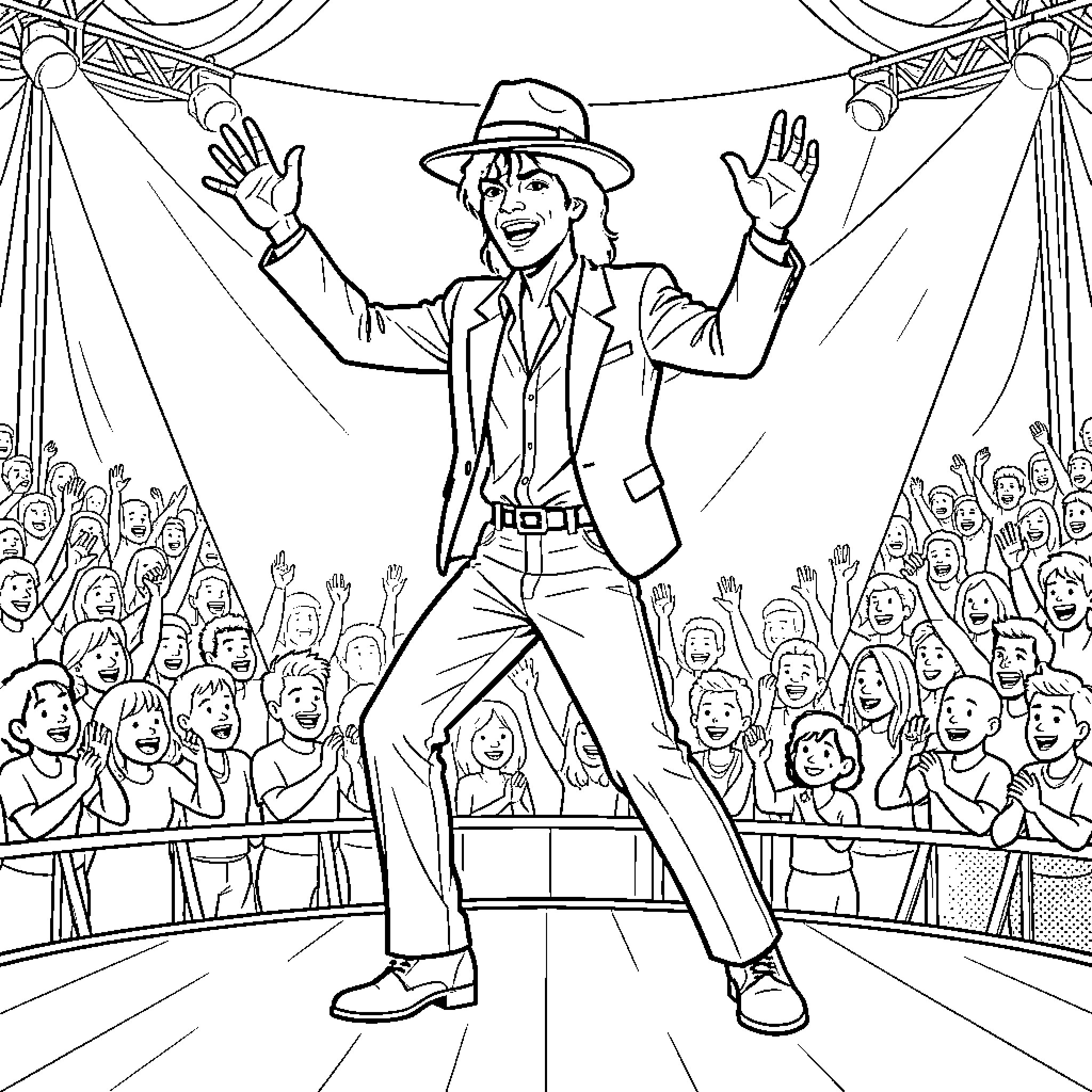 Michael Jackson performing on stage with excited fans Coloring Page (free black-and-white line drawing printable PDF for all, from beginners to advanced learners, including children, teens, adults, and seniors)