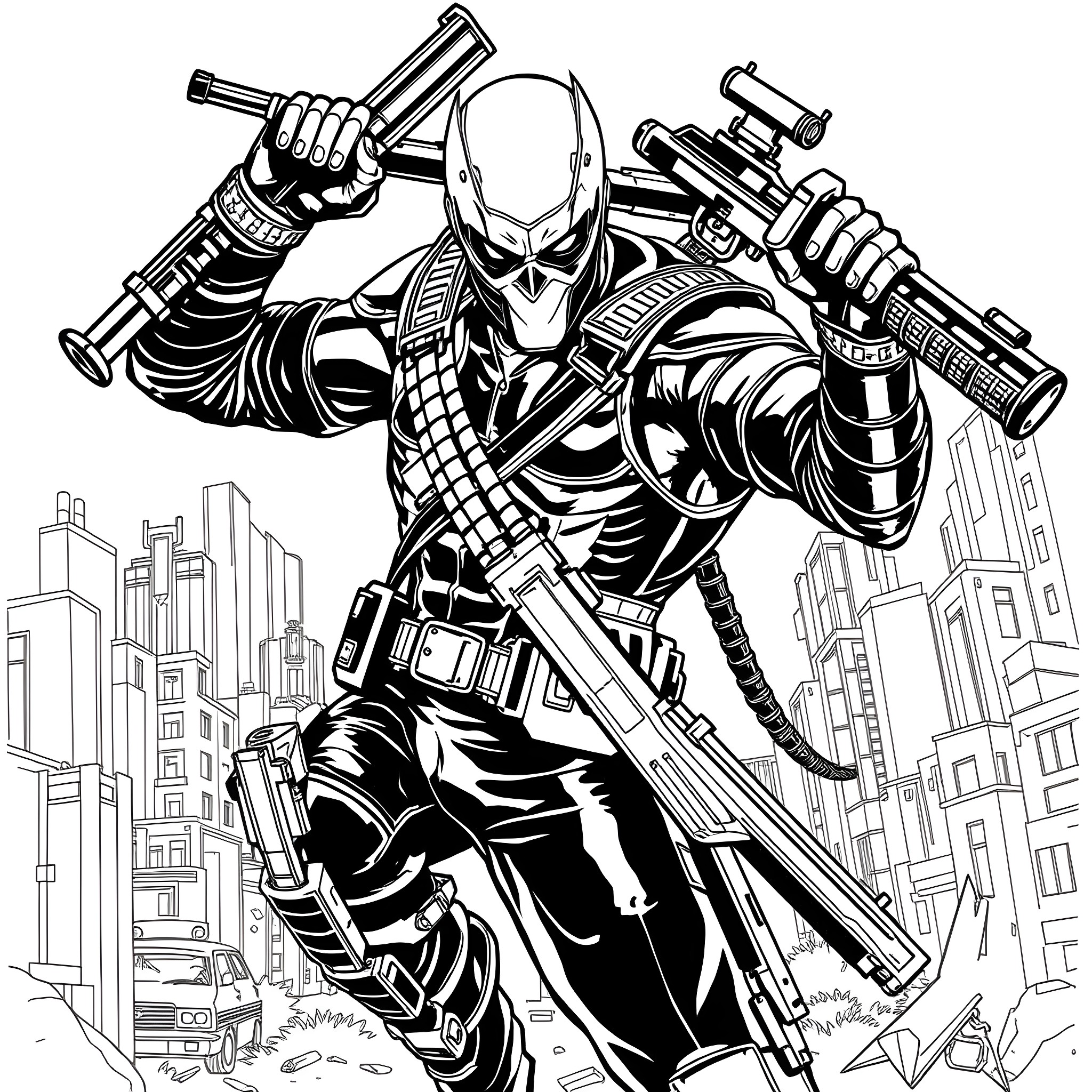 Dare The Terminator Facing Adversaries in the City Coloring Page (free black-and-white line drawing printable PDF for all, from beginners to advanced learners, including children, teens, adults, and seniors)