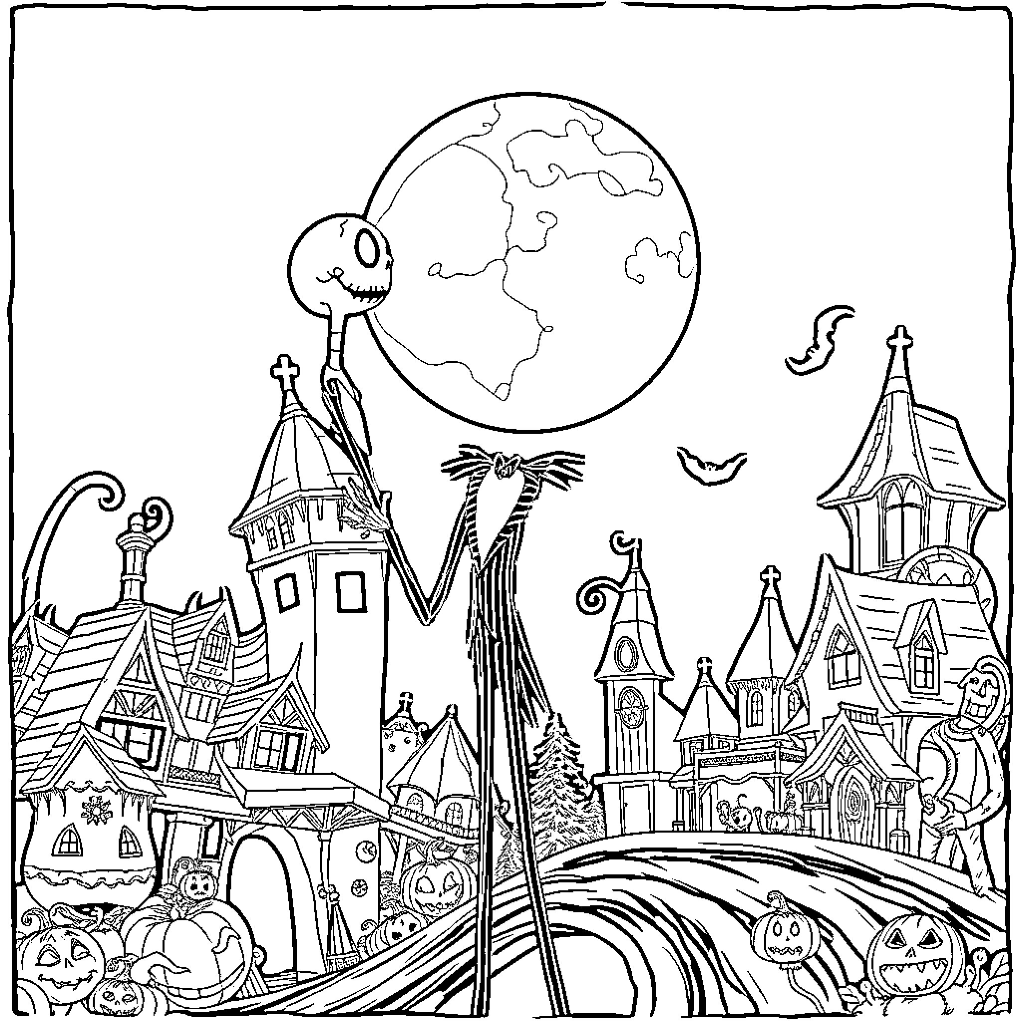 Jack explores a whimsical Halloween town Coloring Page (free black-and-white line drawing printable PDF for all, from beginners to advanced learners, including children, teens, adults, and seniors)