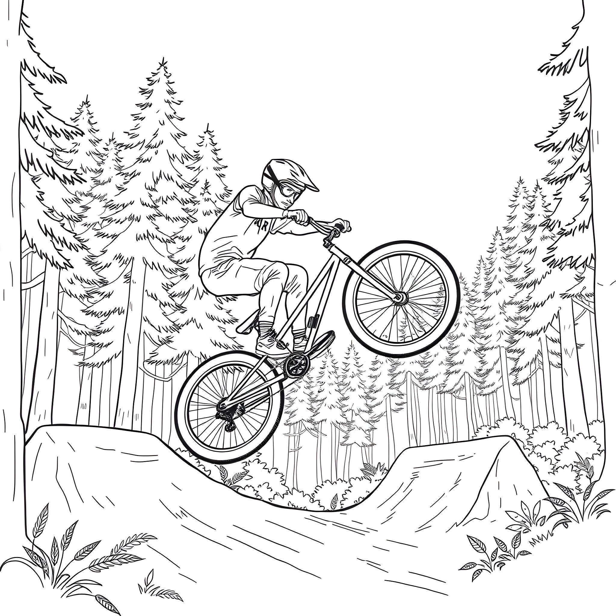 Gene exploring the forest on a bicycle Coloring Page (free black-and-white line drawing printable PDF for all, from beginners to advanced learners, including children, teens, adults, and seniors)