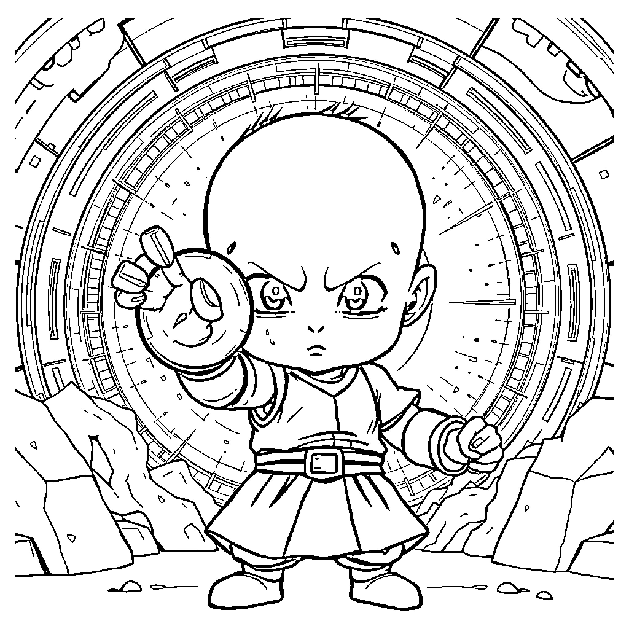 Krillin's Brave Adventure in the Futuristic Realm Coloring Page (free black-and-white line drawing printable PDF for all, from beginners to advanced learners, including children, teens, adults, and seniors)